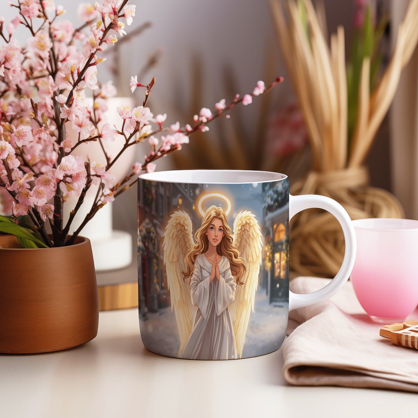 Hrnek s motivem anděla – zářivý zimní večer