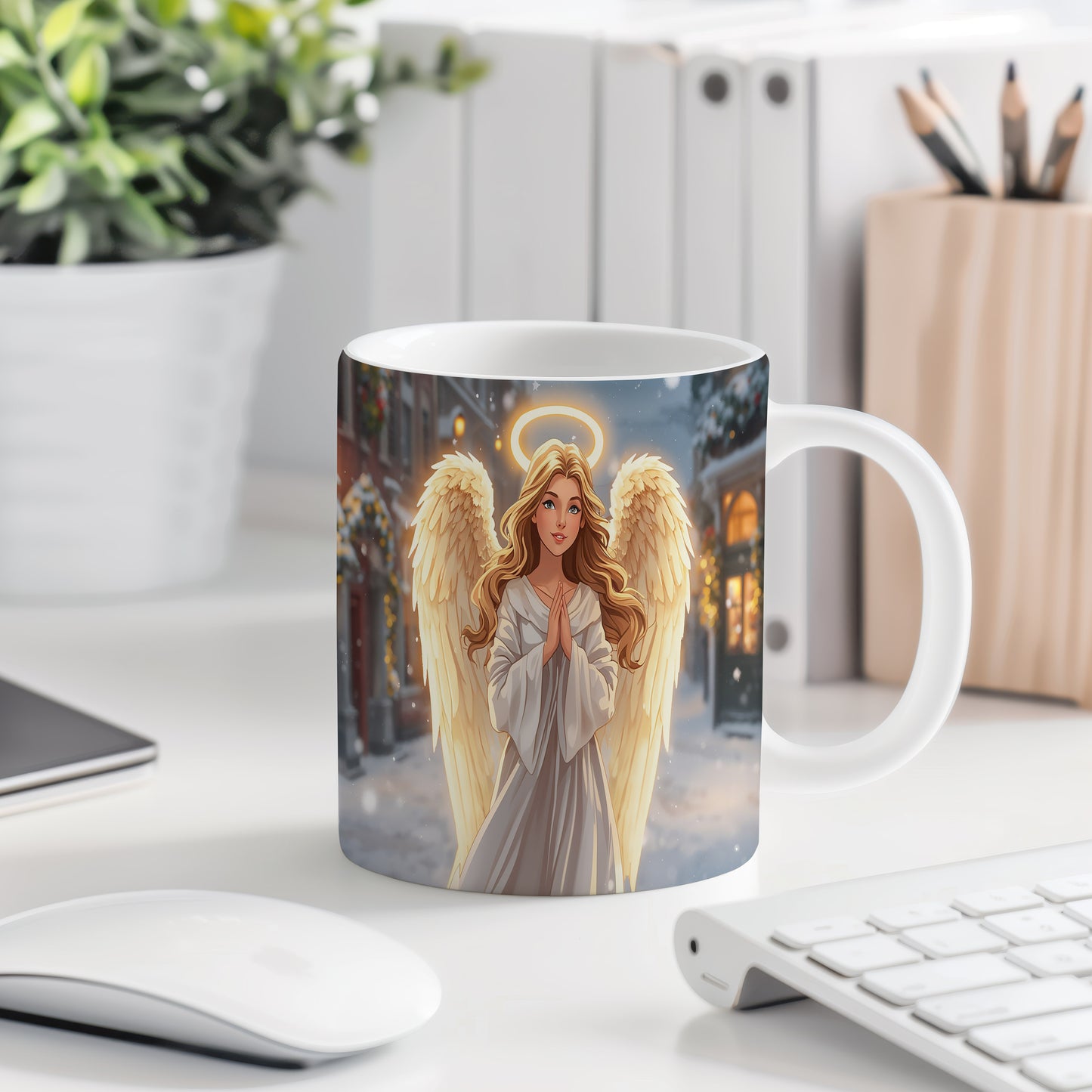 Hrnek s motivem anděla – zářivý zimní večer