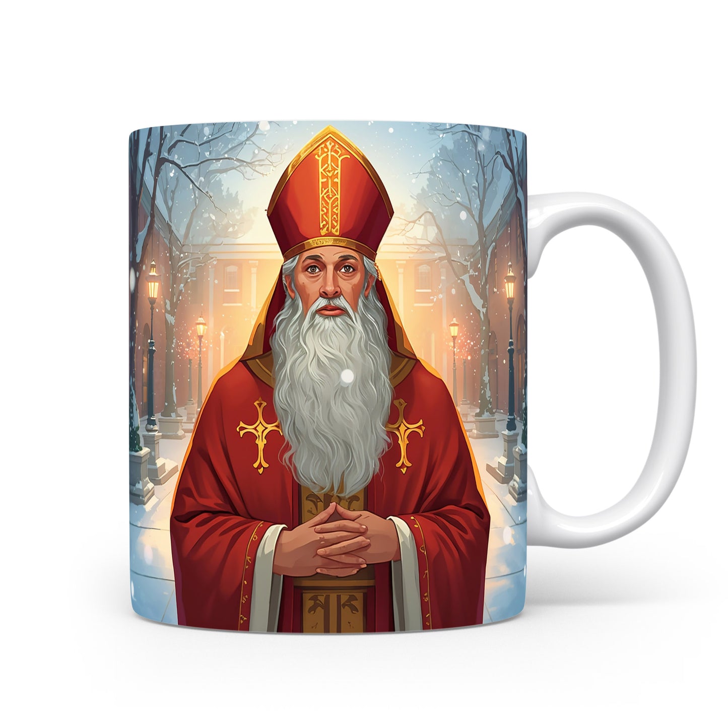 Mikuláš v červeném rouchu na zasněžené ulici