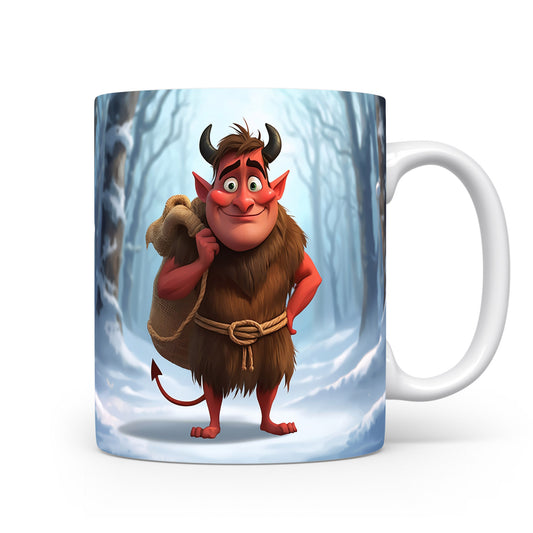 Čert v zimním lese na hrnku