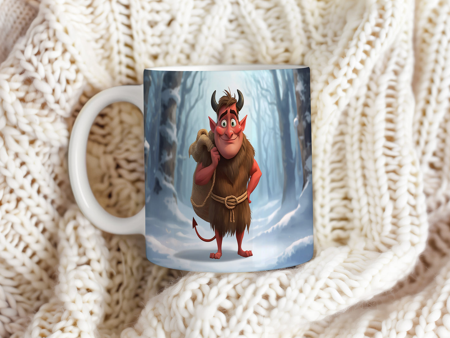 Hrnek s motivem čerta – zimní les