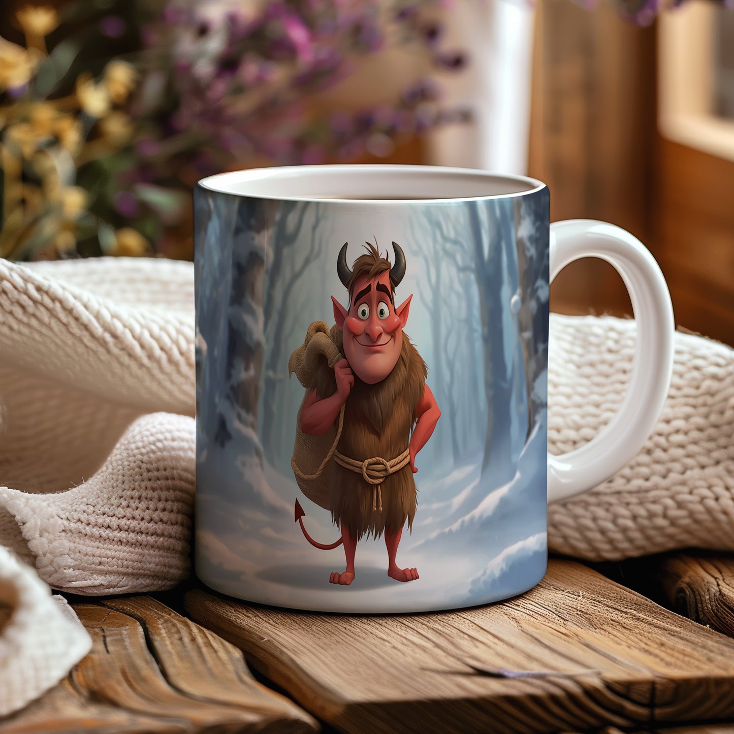 Hrnek s motivem čerta – zimní les