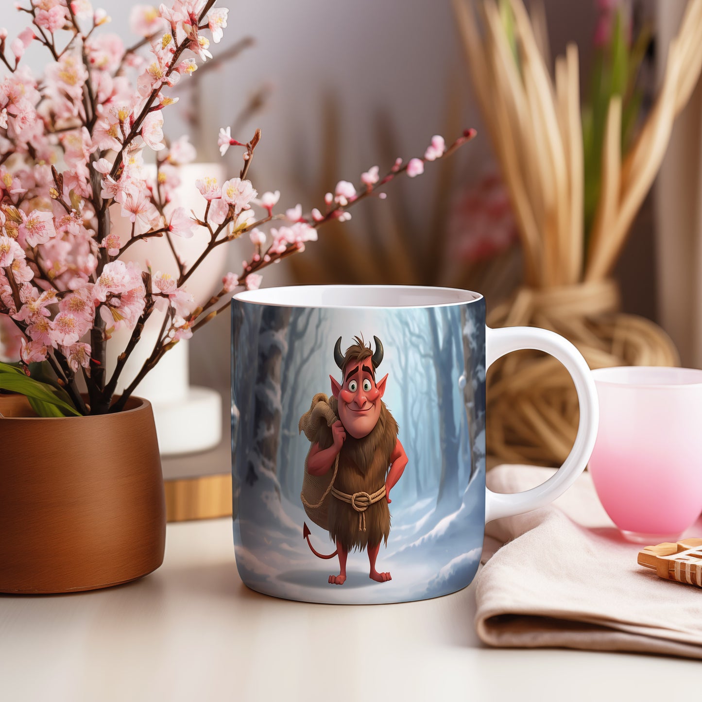 Hrnek s motivem čerta – zimní les