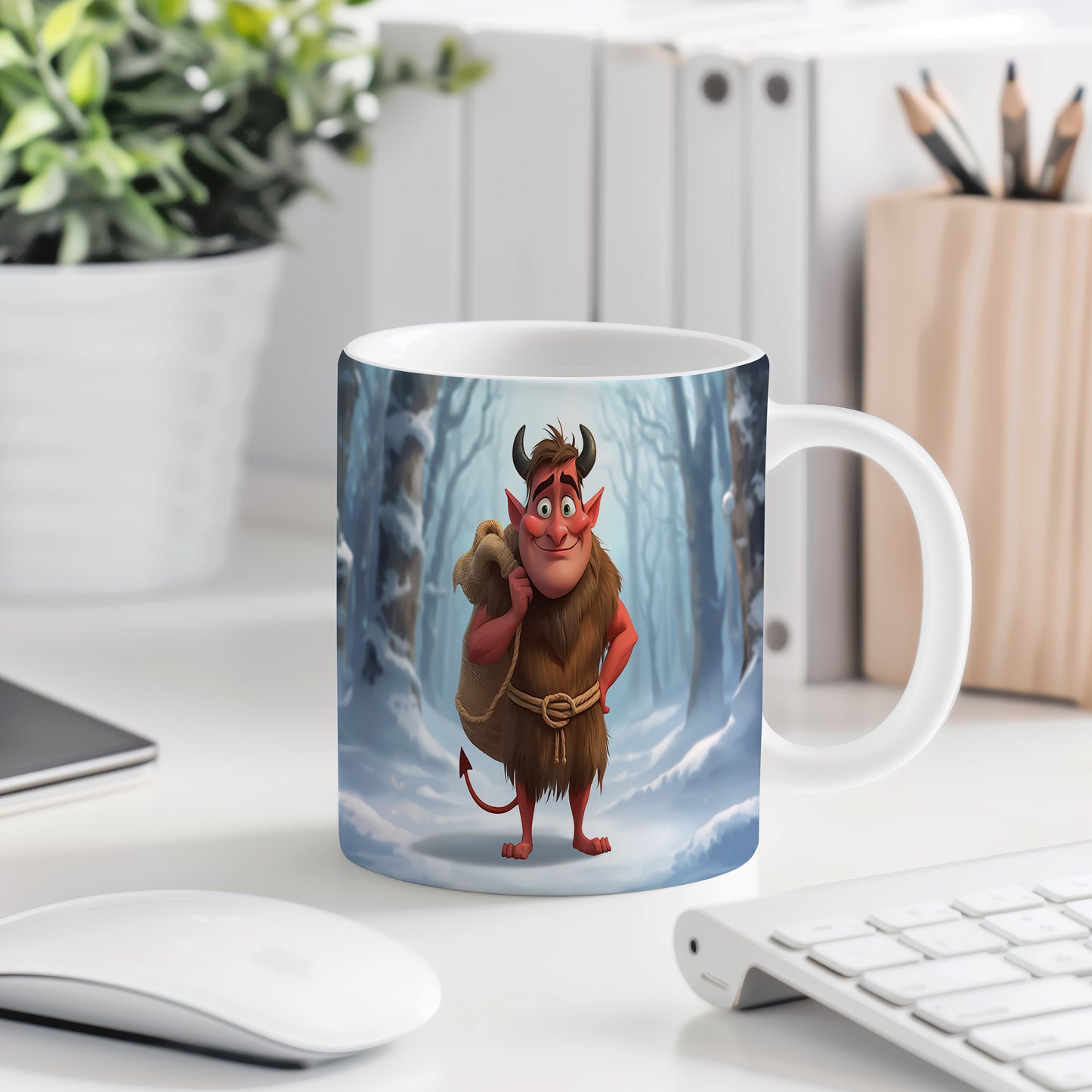 Hrnek s motivem čerta – zimní les