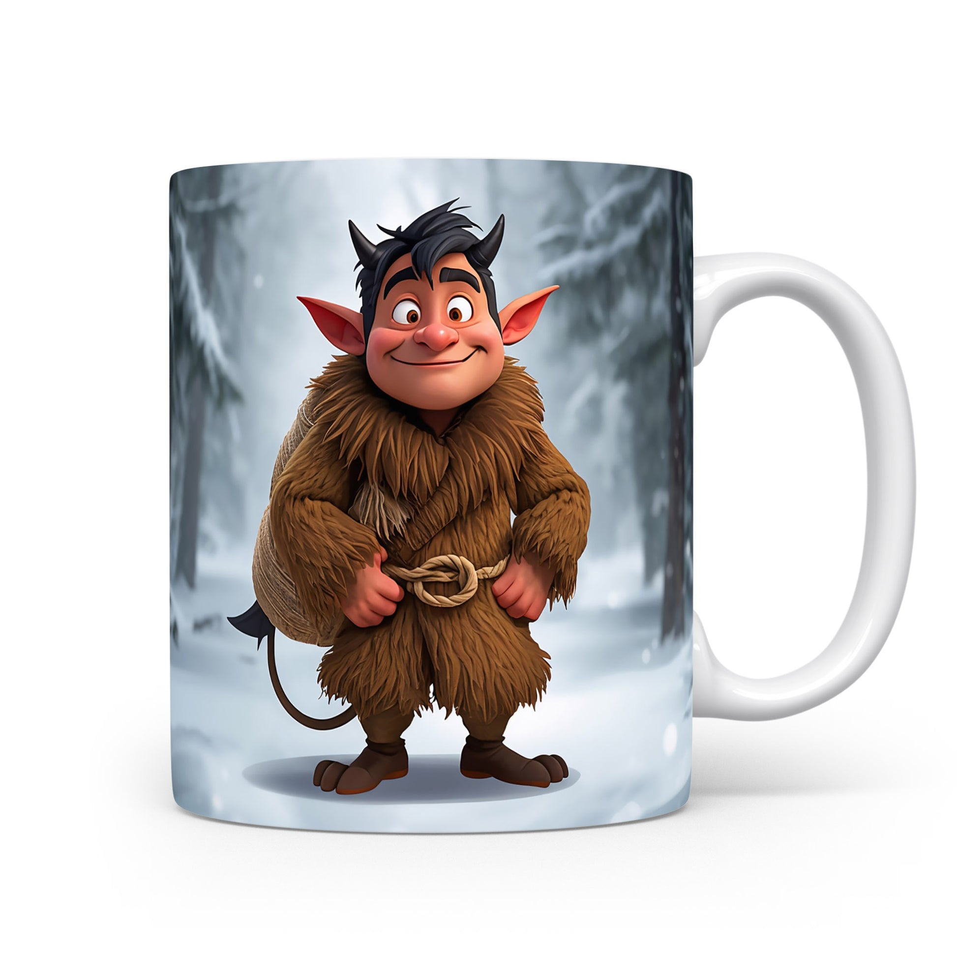 Čert v hnědém kožichu v zasněženém lese na hrnku