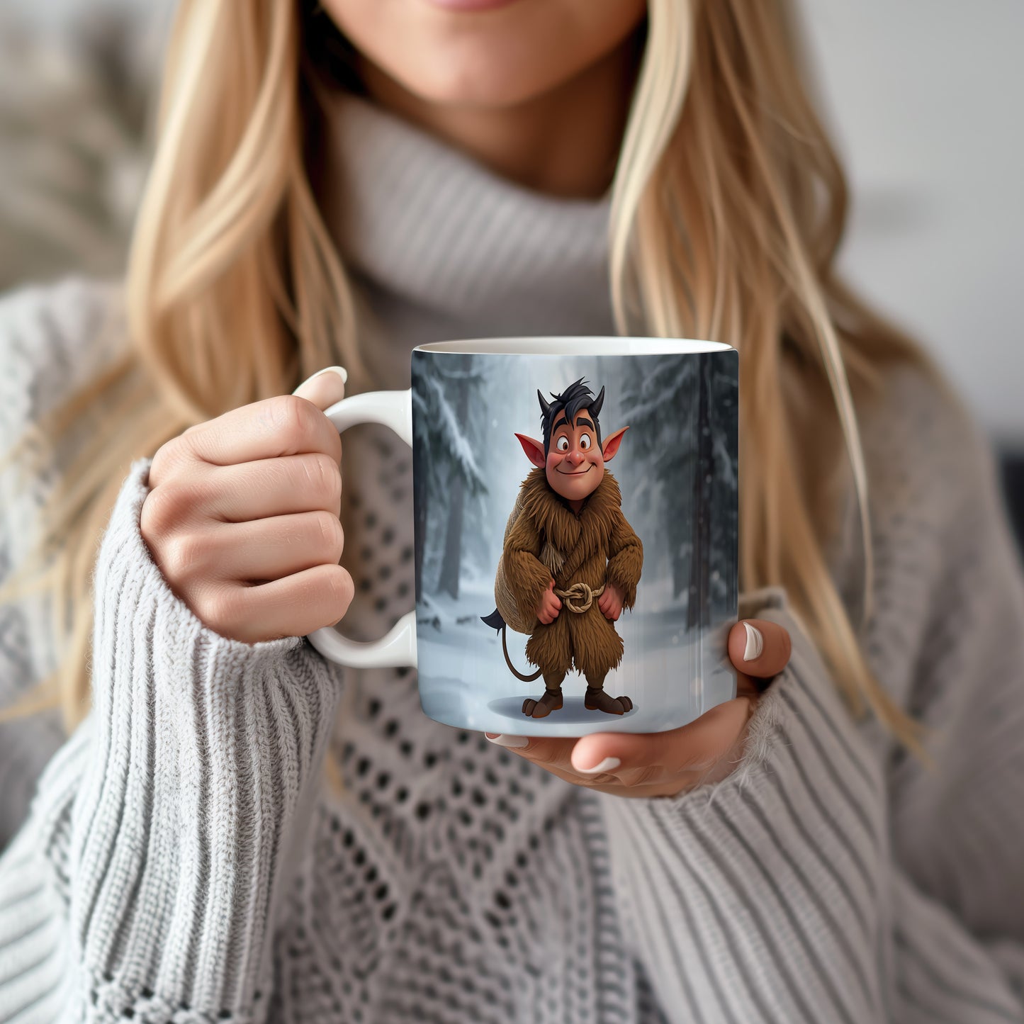 Hrnek s motivem čerta – zasněžený les