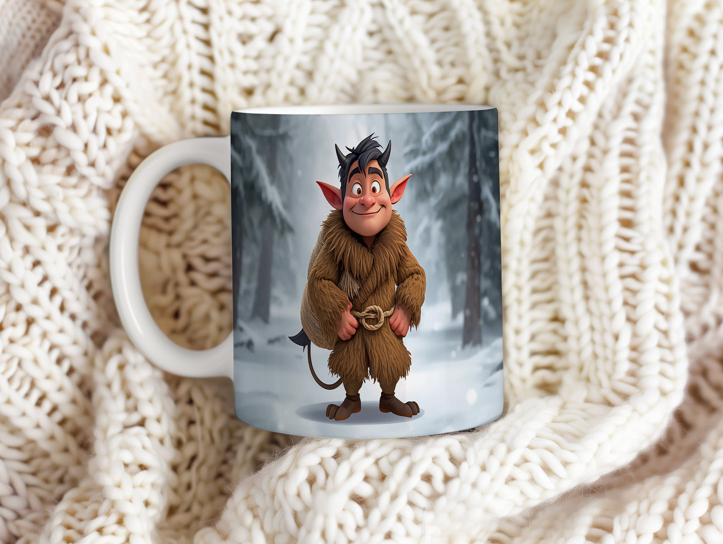 Hrnek s motivem čerta – zasněžený les