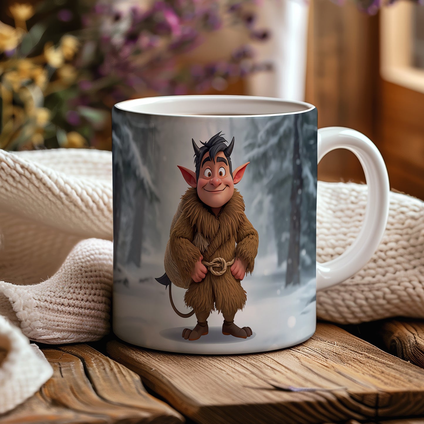 Hrnek s motivem čerta – zasněžený les