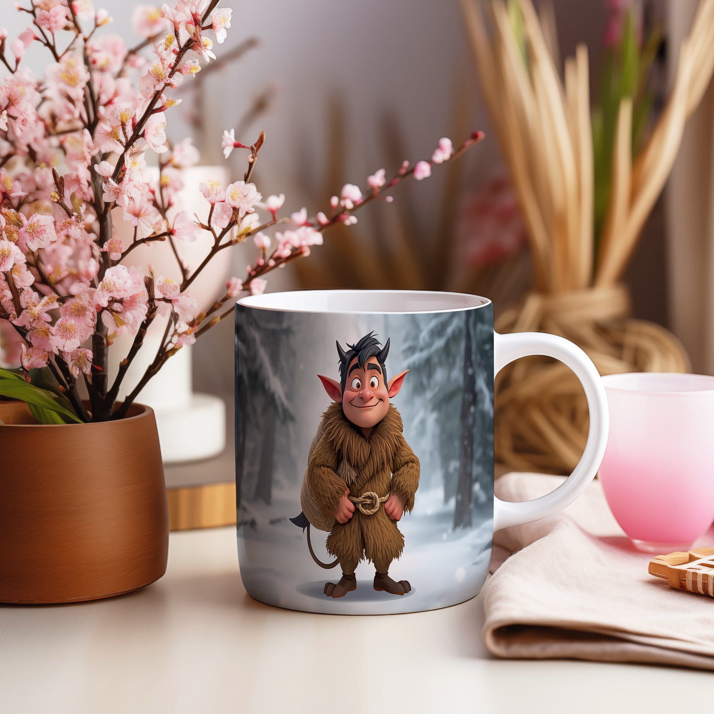 Hrnek s motivem čerta – zasněžený les