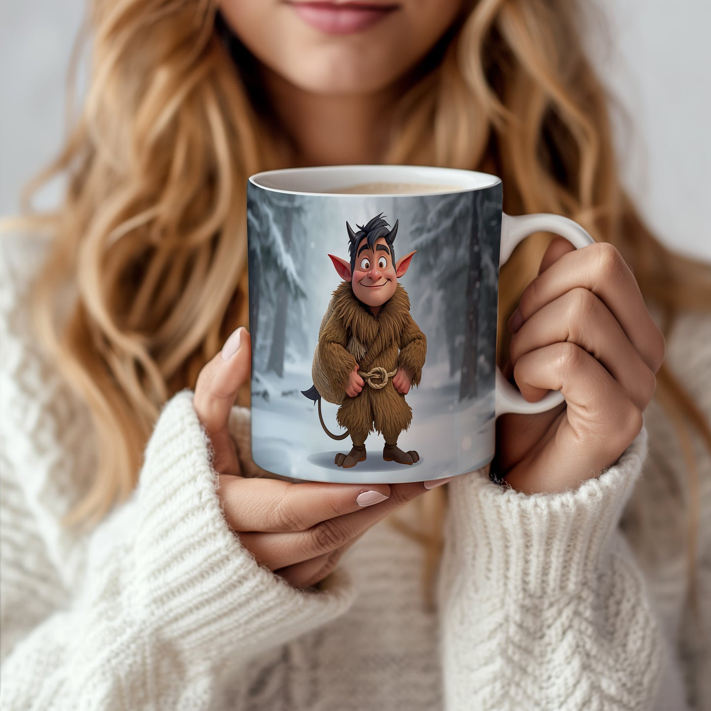 Hrnek s motivem čerta – zasněžený les