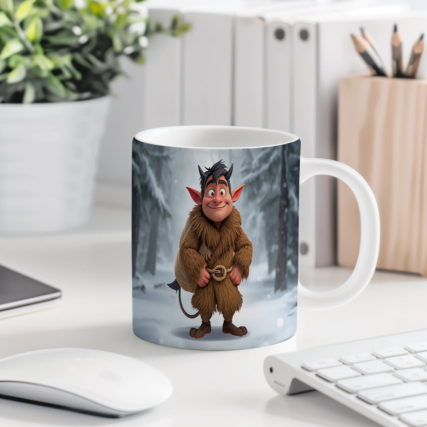 Hrnek s motivem čerta – zasněžený les