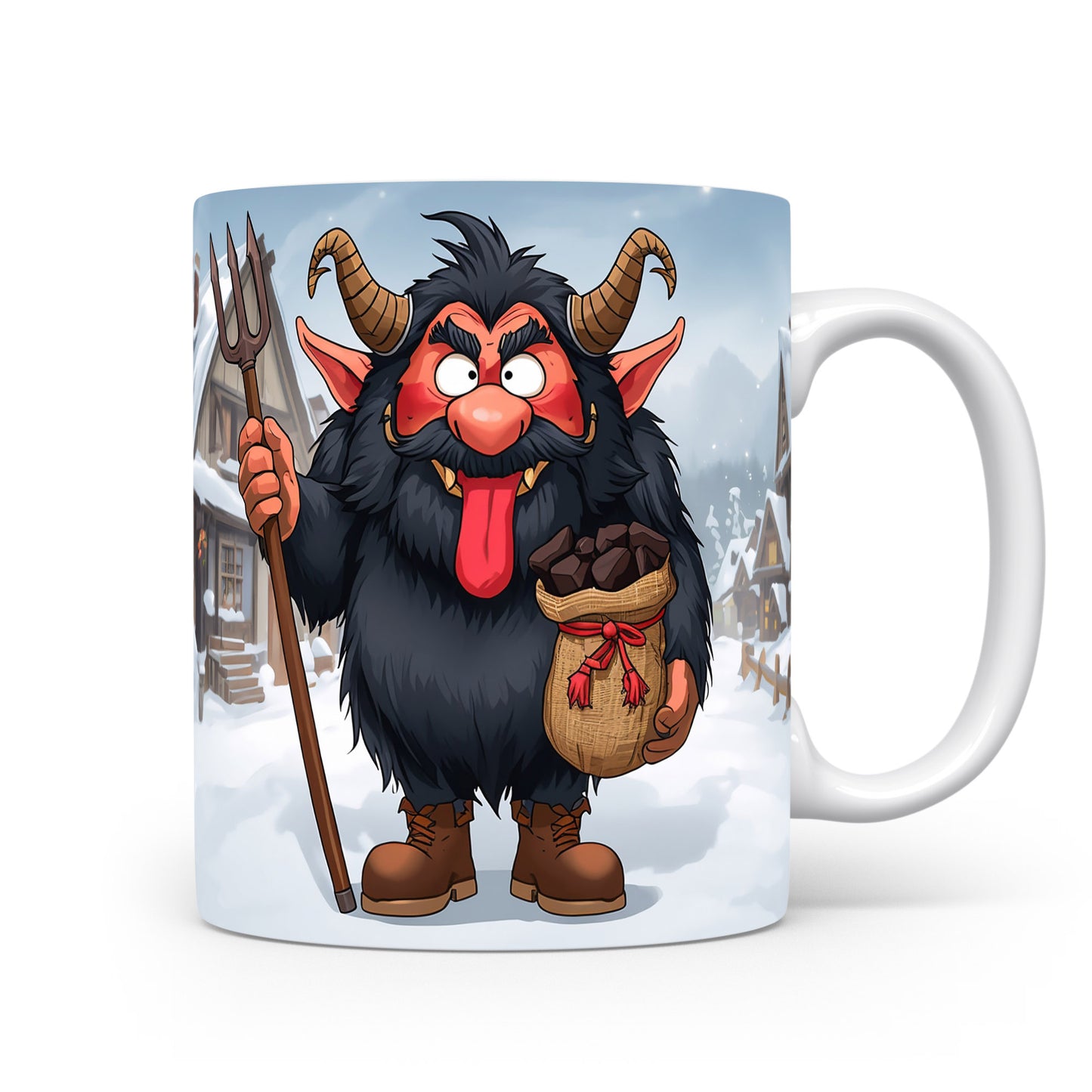 Čert s pytlem uhlí před zasněženou vesnicí