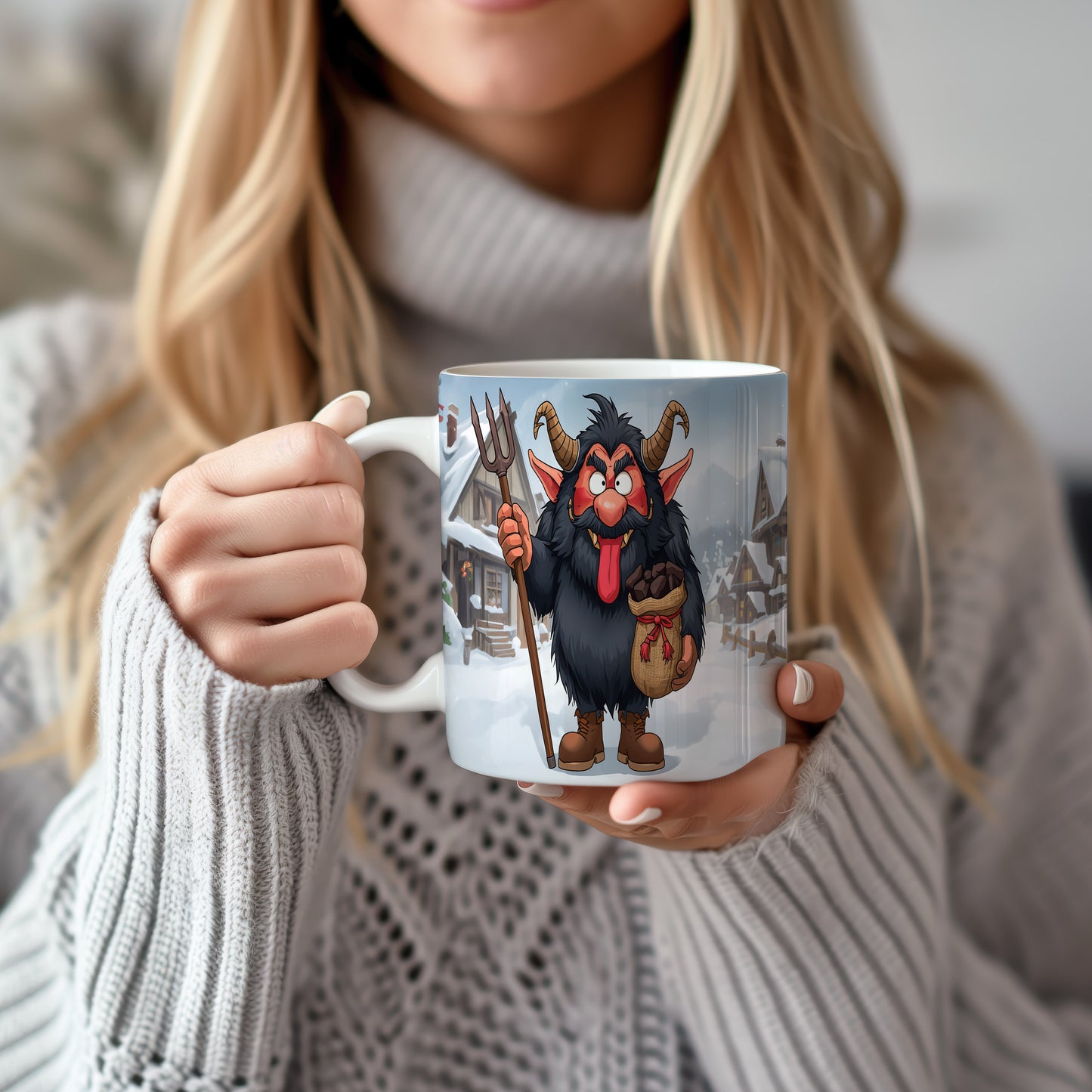 Hrnek s motivem čerta – zasněžená vesnice