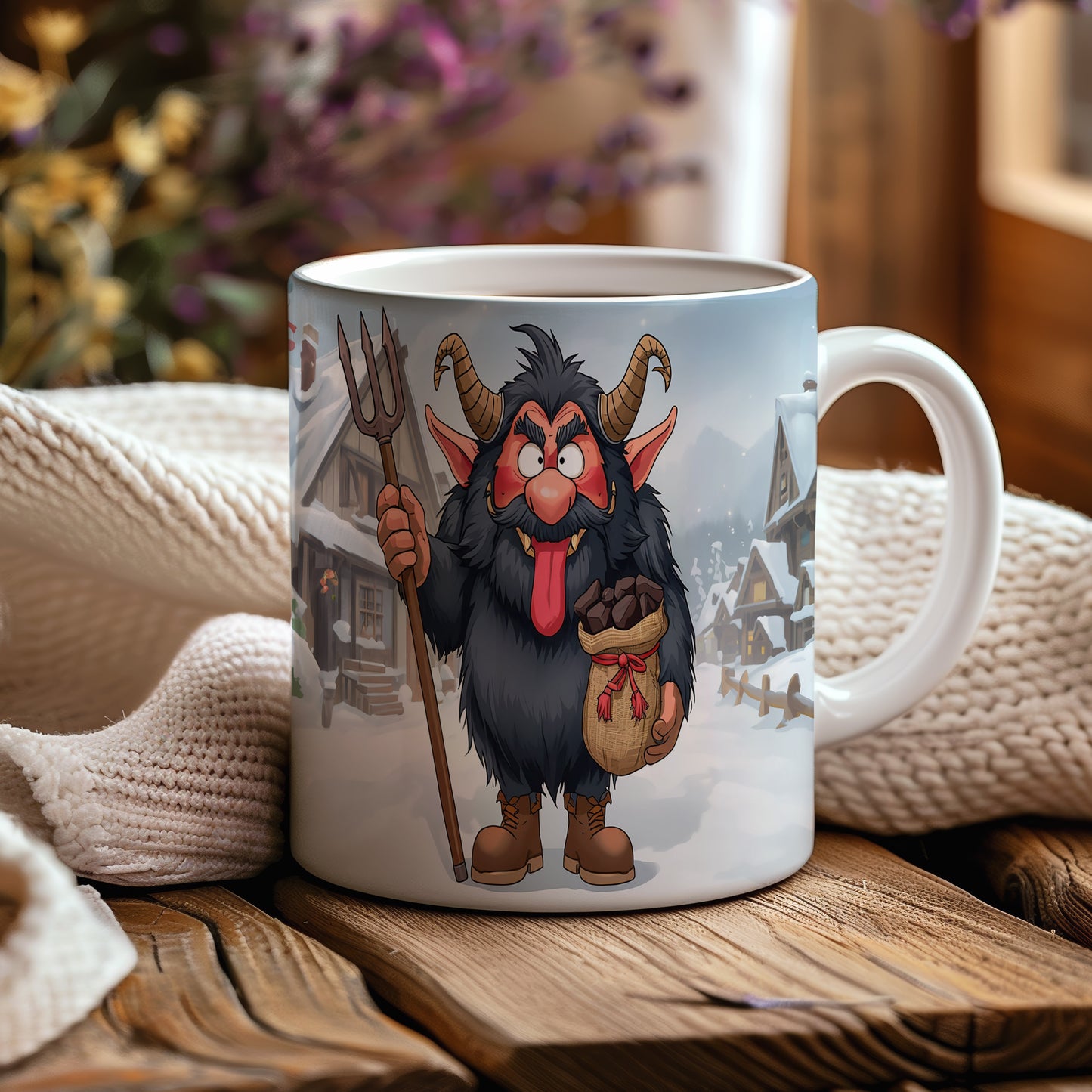 Hrnek s motivem čerta – zasněžená vesnice