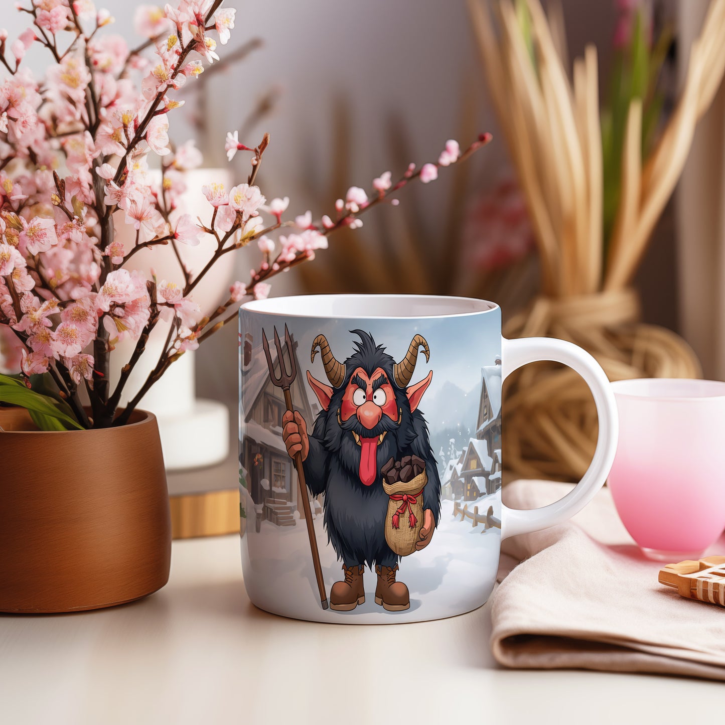 Hrnek s motivem čerta – zasněžená vesnice