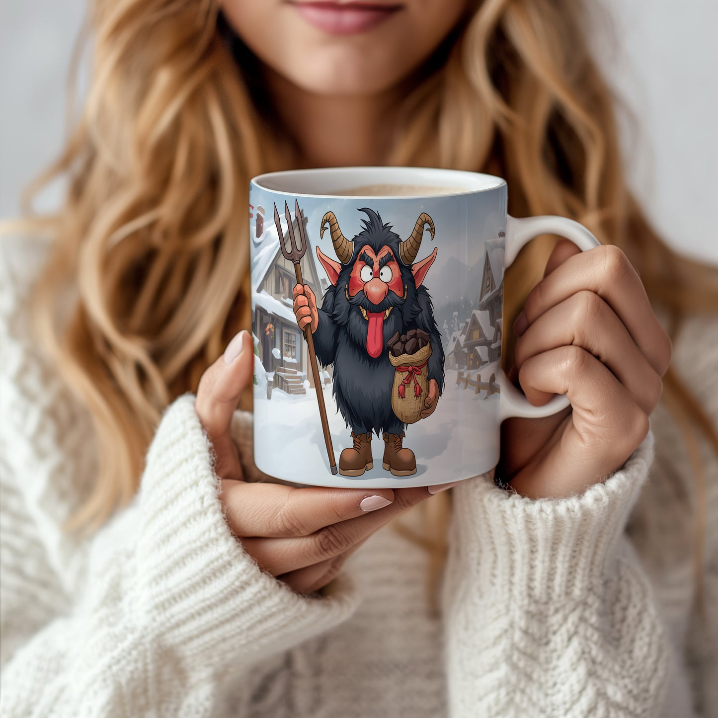 Hrnek s motivem čerta – zasněžená vesnice