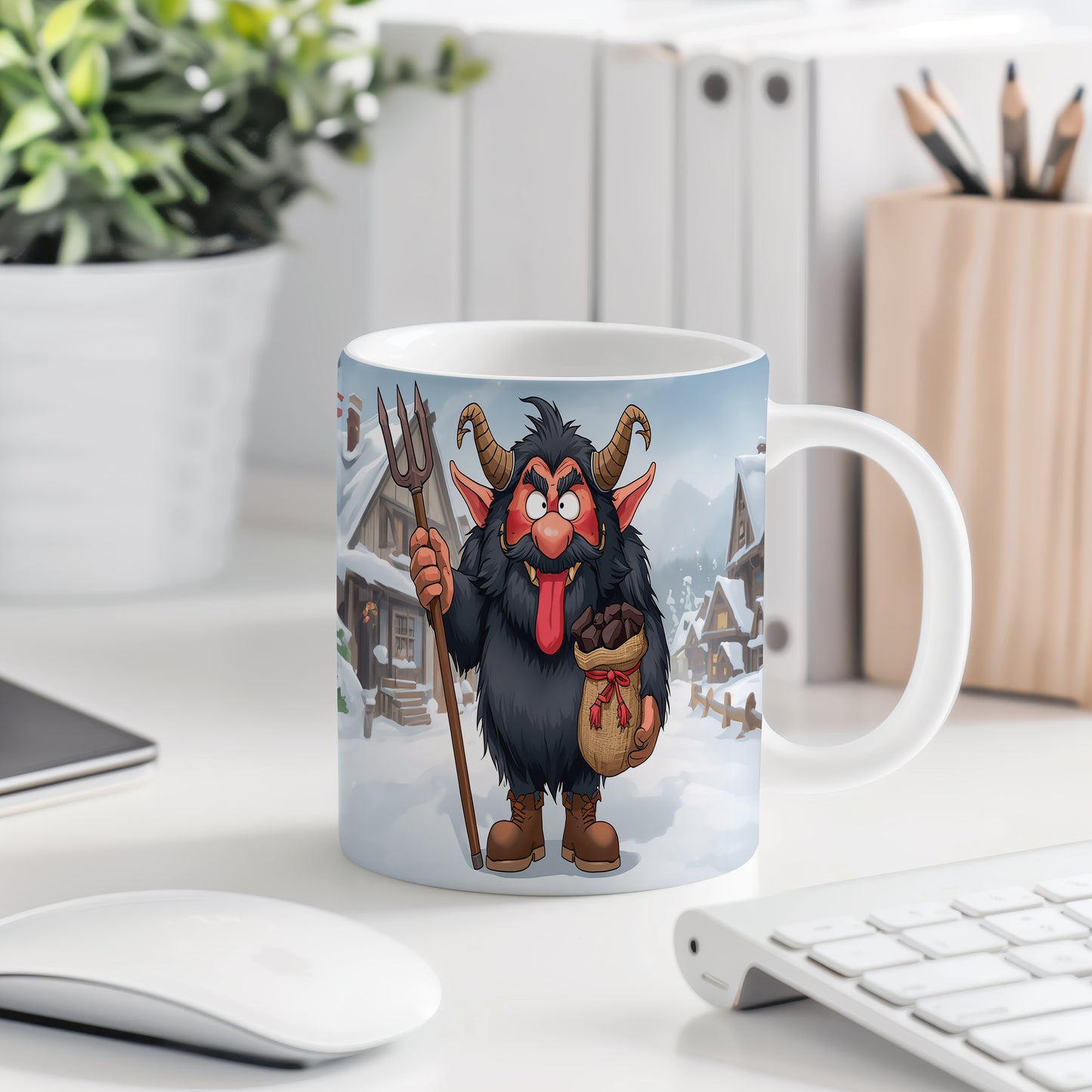 Hrnek s motivem čerta – zasněžená vesnice