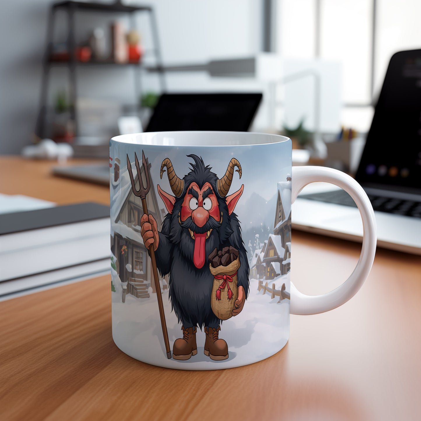 Hrnek s motivem čerta – zasněžená vesnice