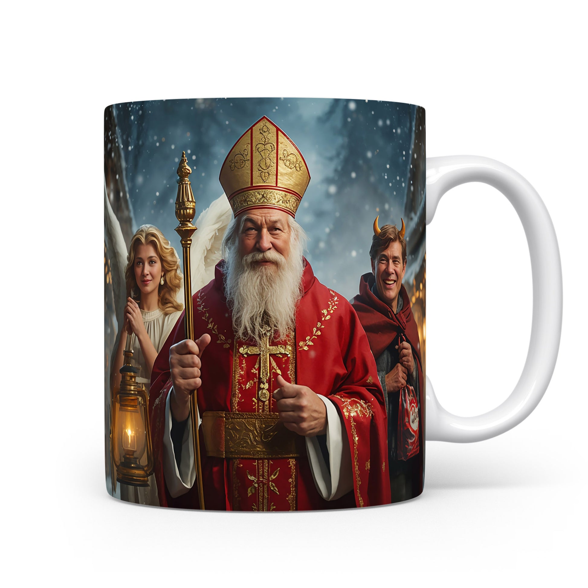 Mikuláš, čert a anděl na zasněžené ulici