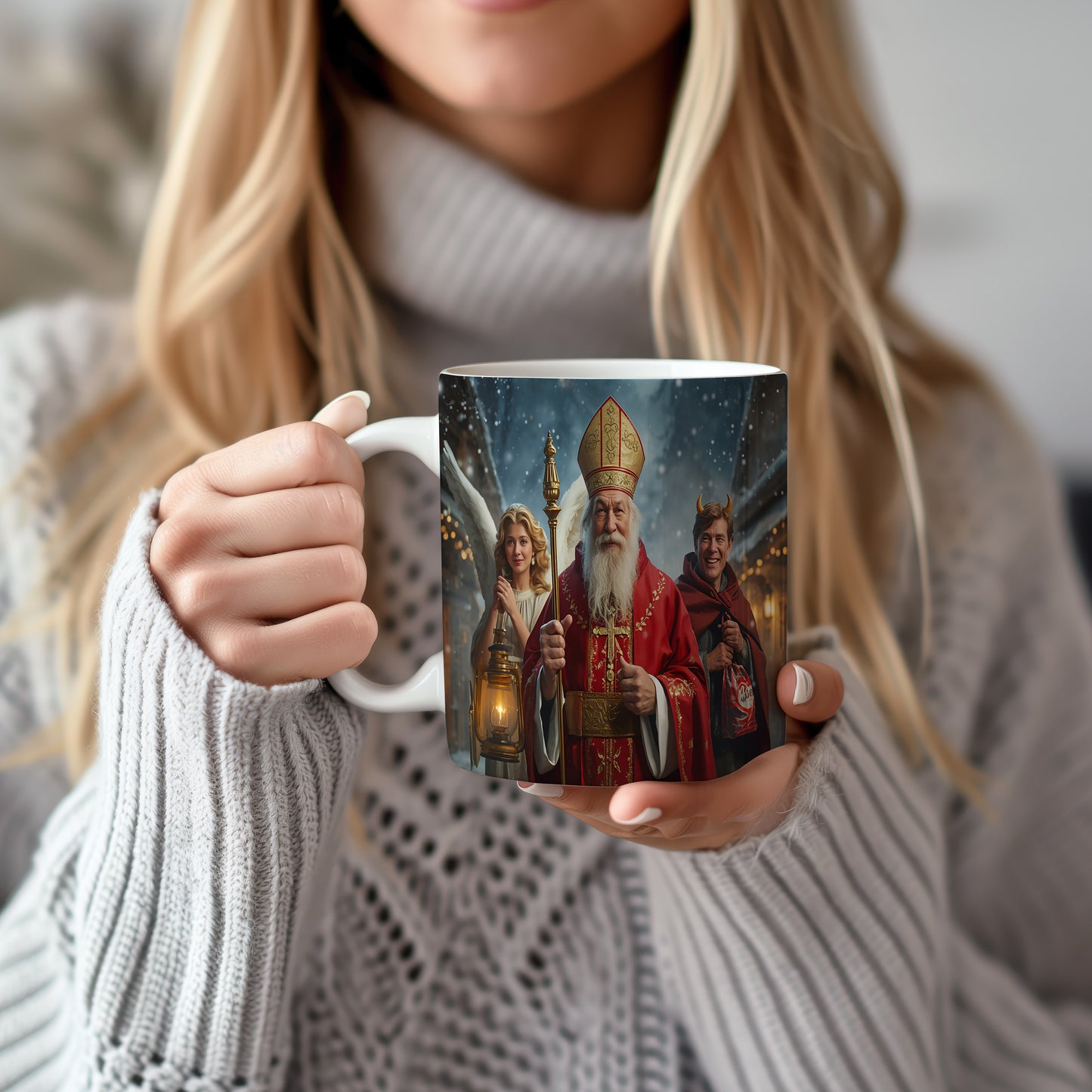 Hrnek s motivem Mikuláše, čerta a anděla – zasněžený večer