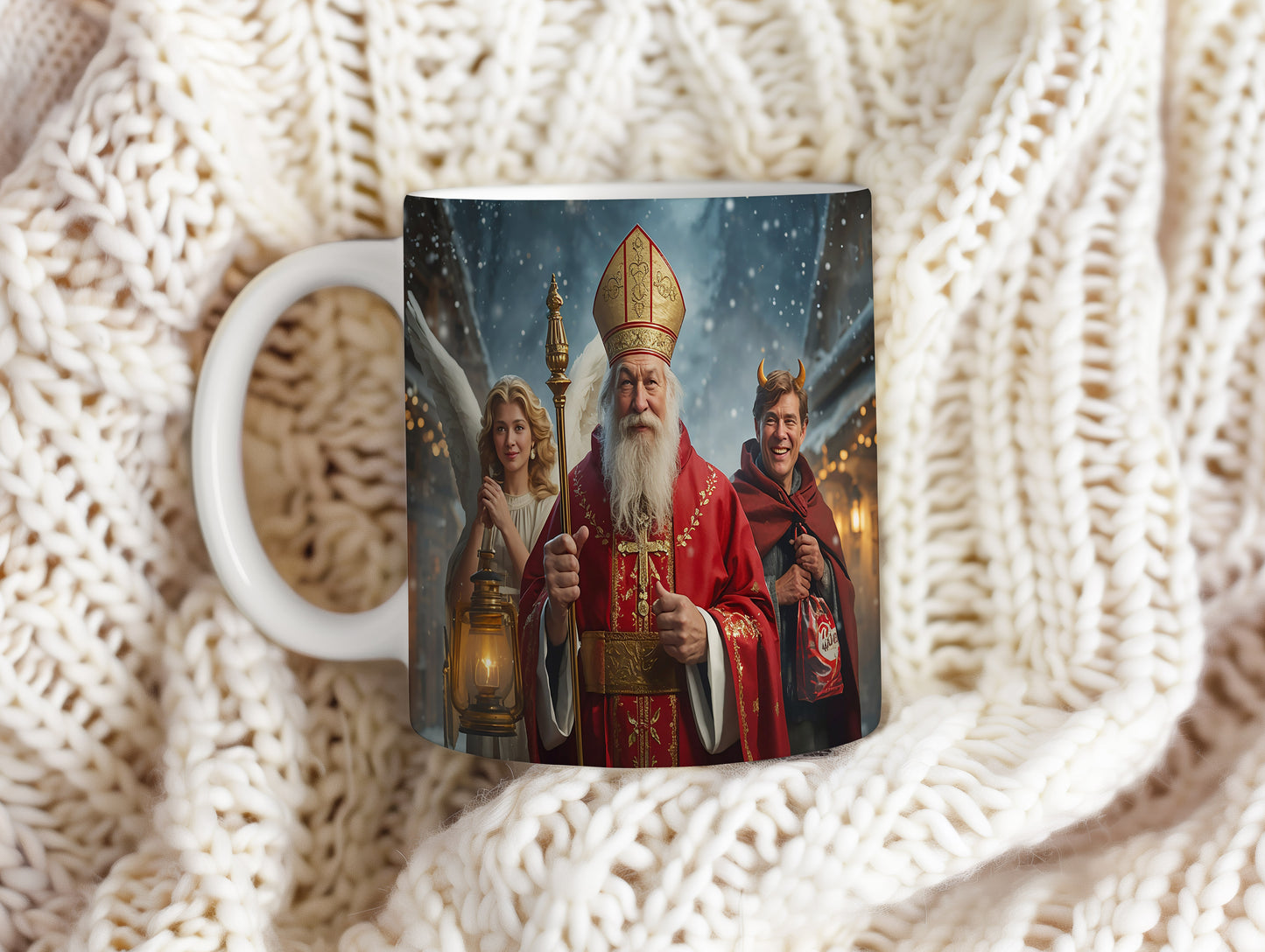 Hrnek s motivem Mikuláše, čerta a anděla – zasněžený večer