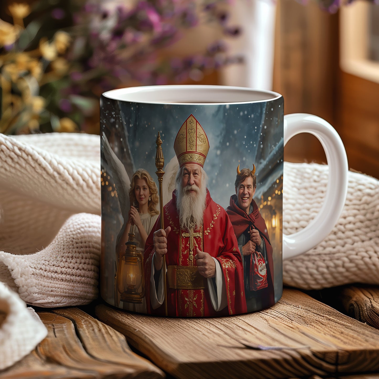 Hrnek s motivem Mikuláše, čerta a anděla – zasněžený večer