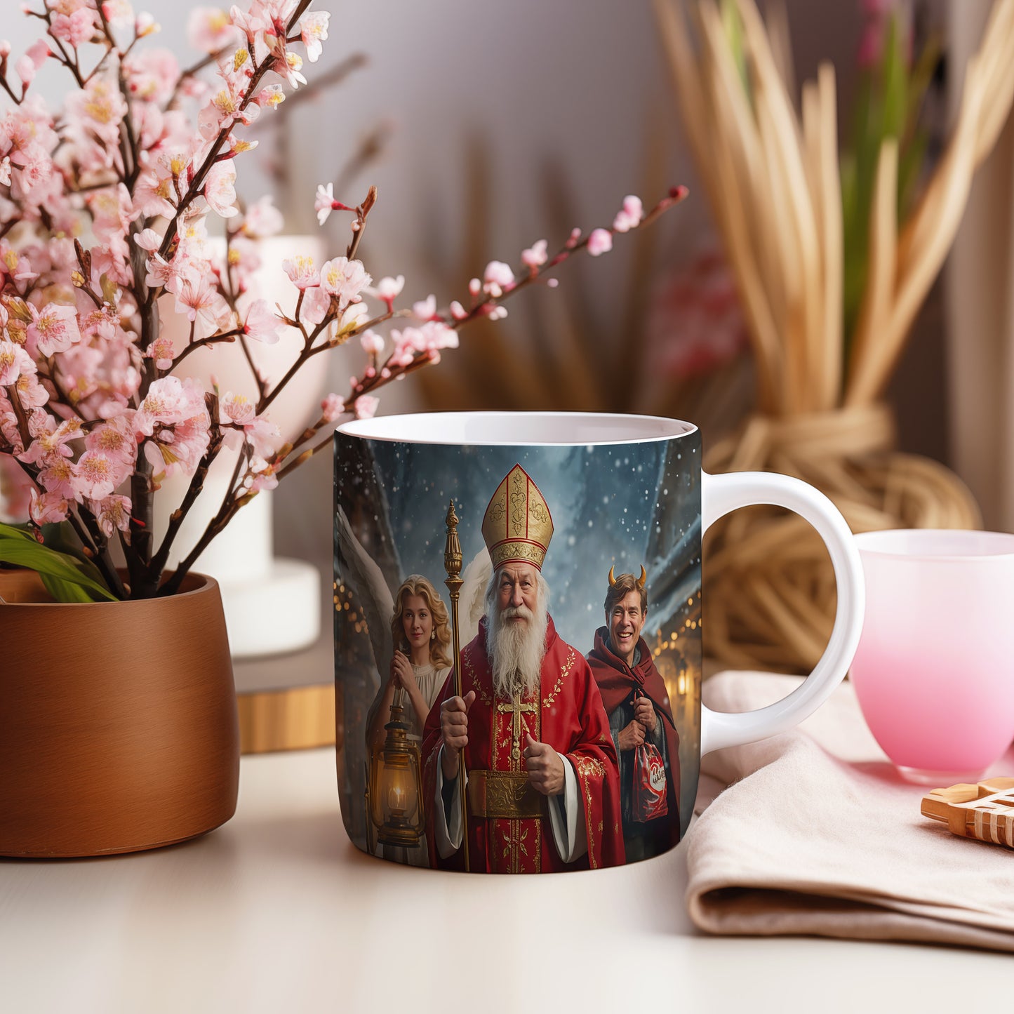 Hrnek s motivem Mikuláše, čerta a anděla – zasněžený večer