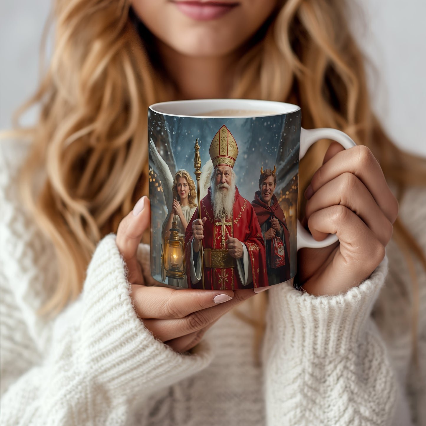 Hrnek s motivem Mikuláše, čerta a anděla – zasněžený večer