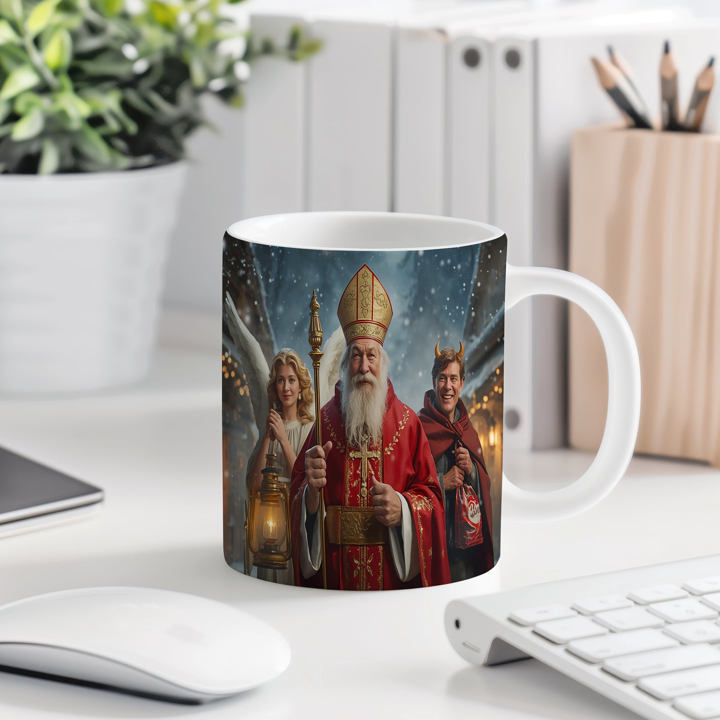 Hrnek s motivem Mikuláše, čerta a anděla – zasněžený večer