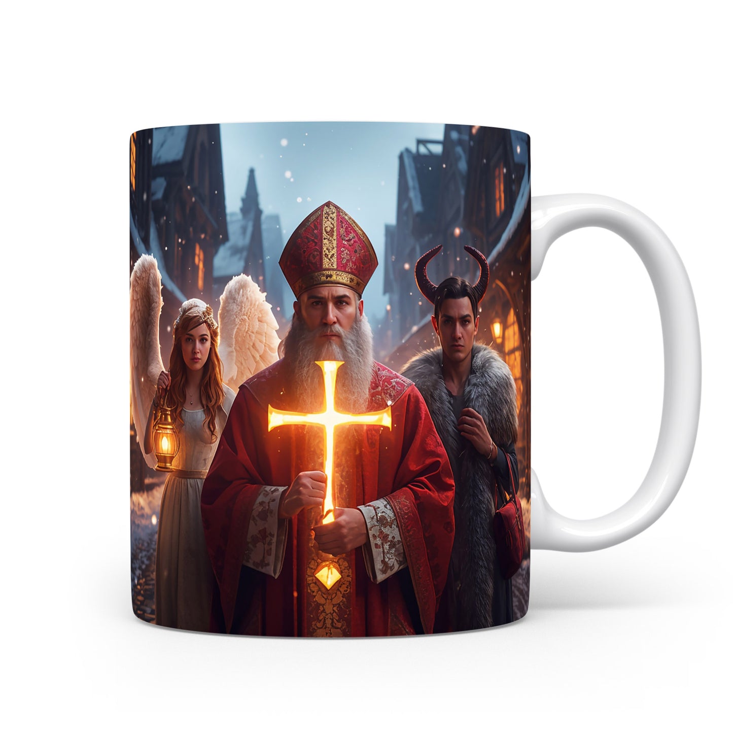 Hrnek s Mikulášem, čertem a andělem v zimní ulici