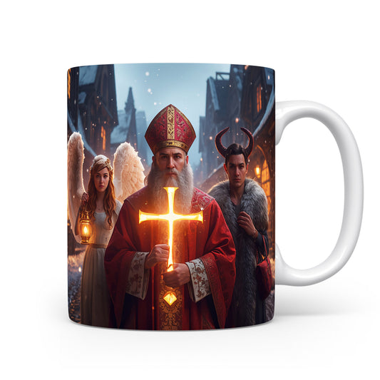 Hrnek s Mikulášem, čertem a andělem v zimní ulici