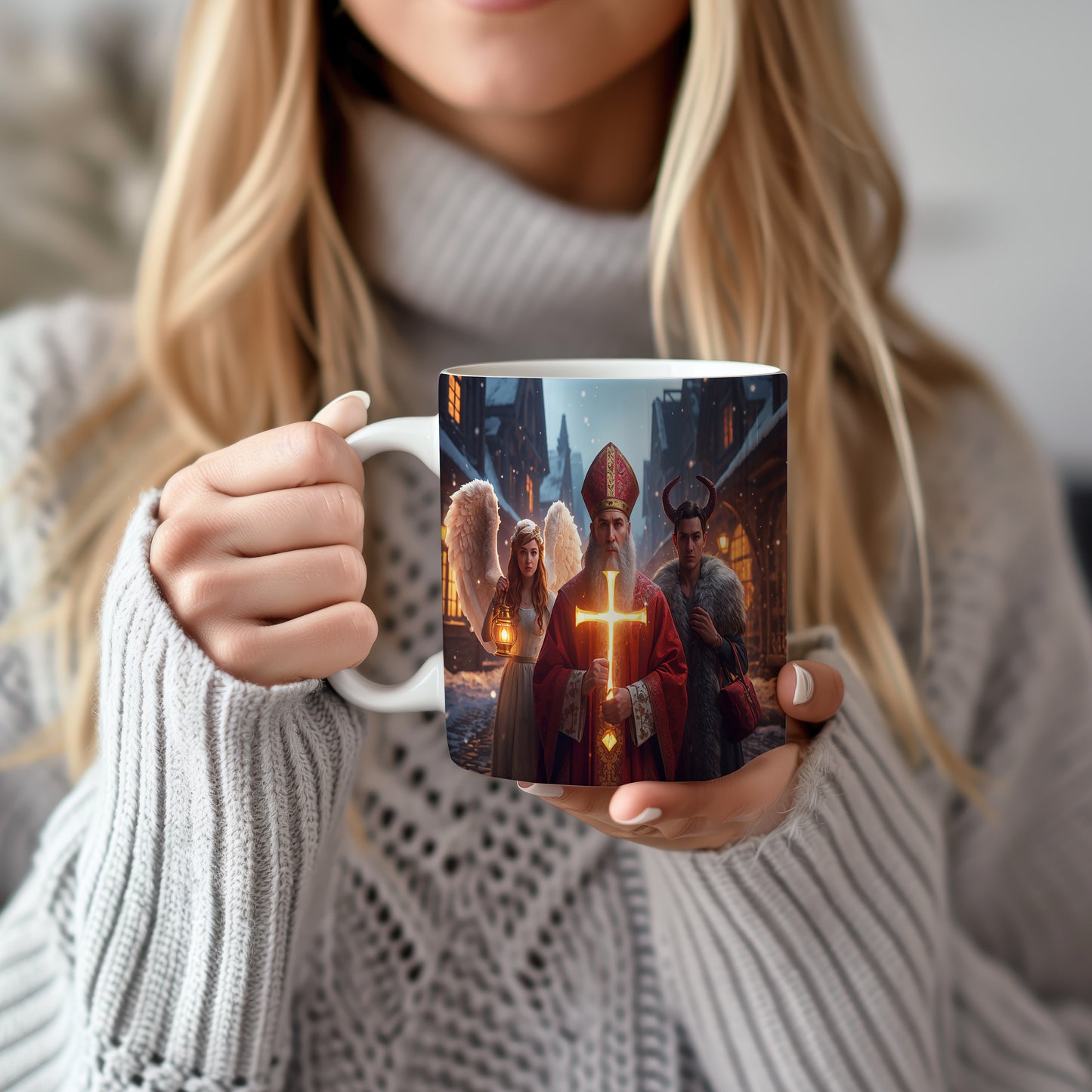 Hrnek s motivem Mikuláše, čerta a anděla – zimní pohádka