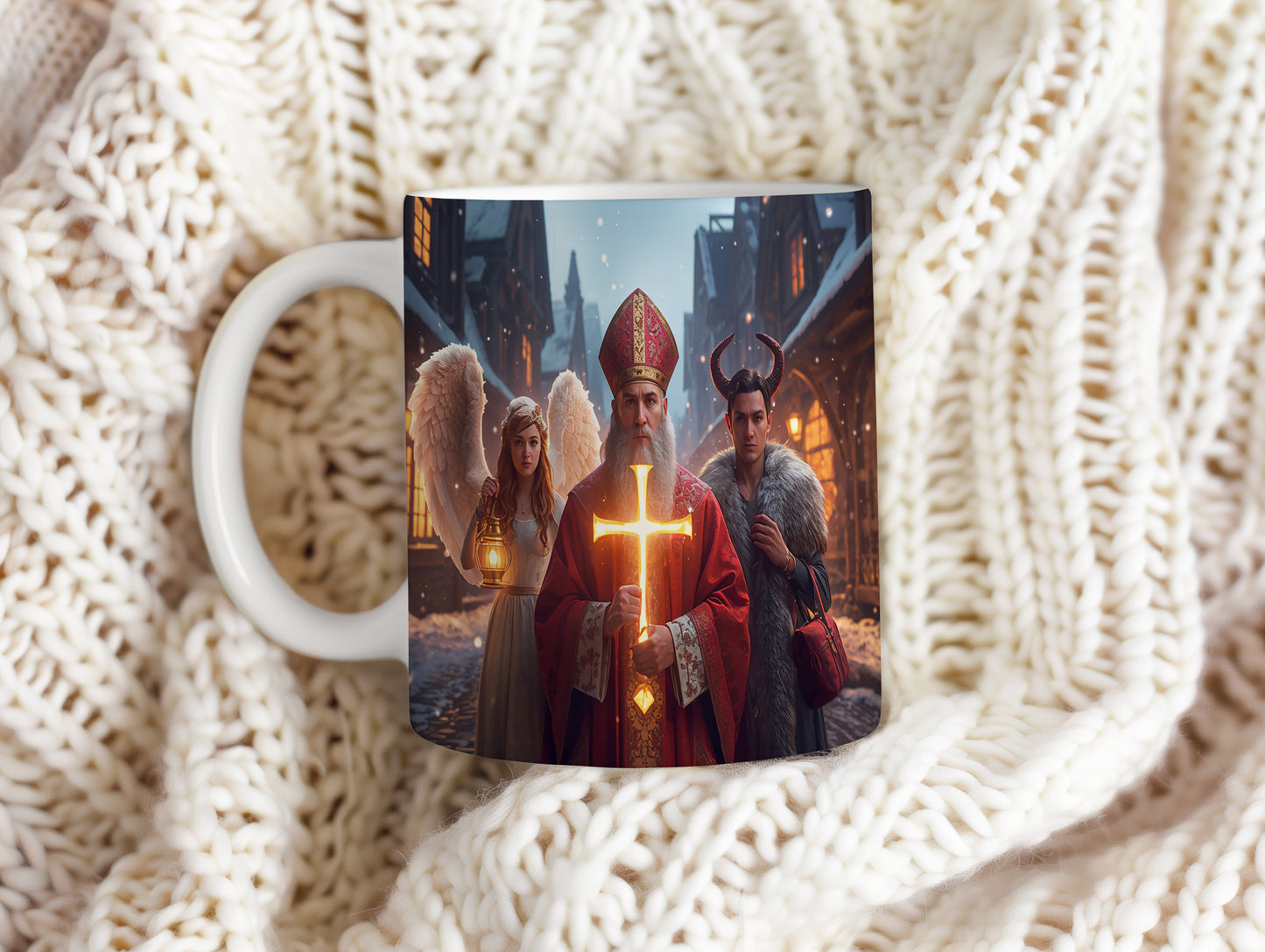 Hrnek s motivem Mikuláše, čerta a anděla – zimní pohádka