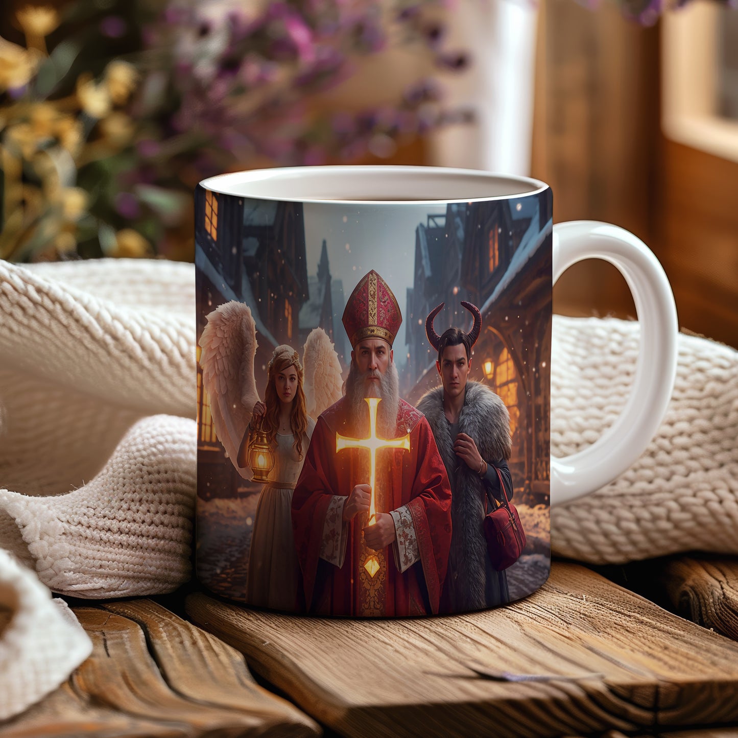 Hrnek s motivem Mikuláše, čerta a anděla – zimní pohádka