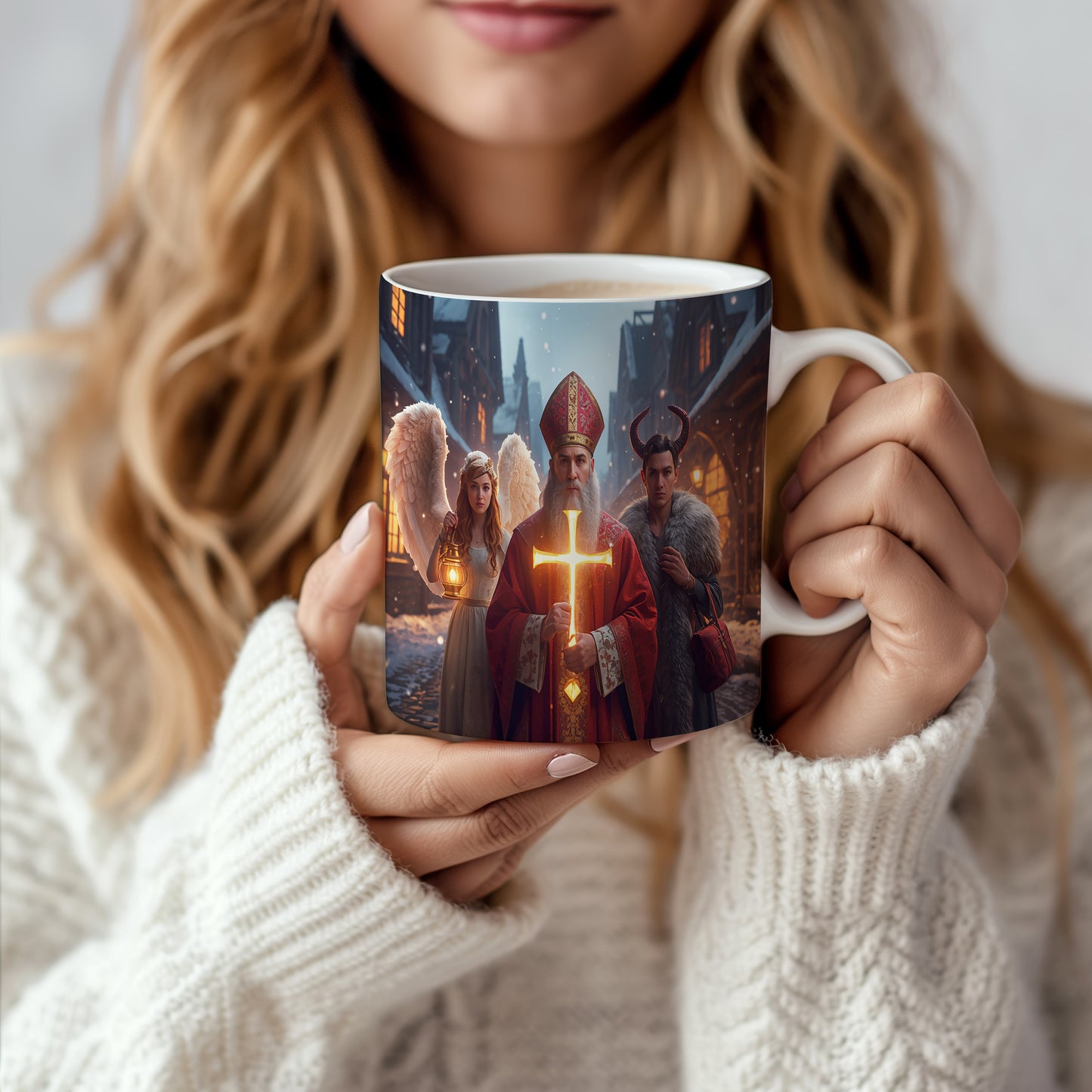 Hrnek s motivem Mikuláše, čerta a anděla – zimní pohádka