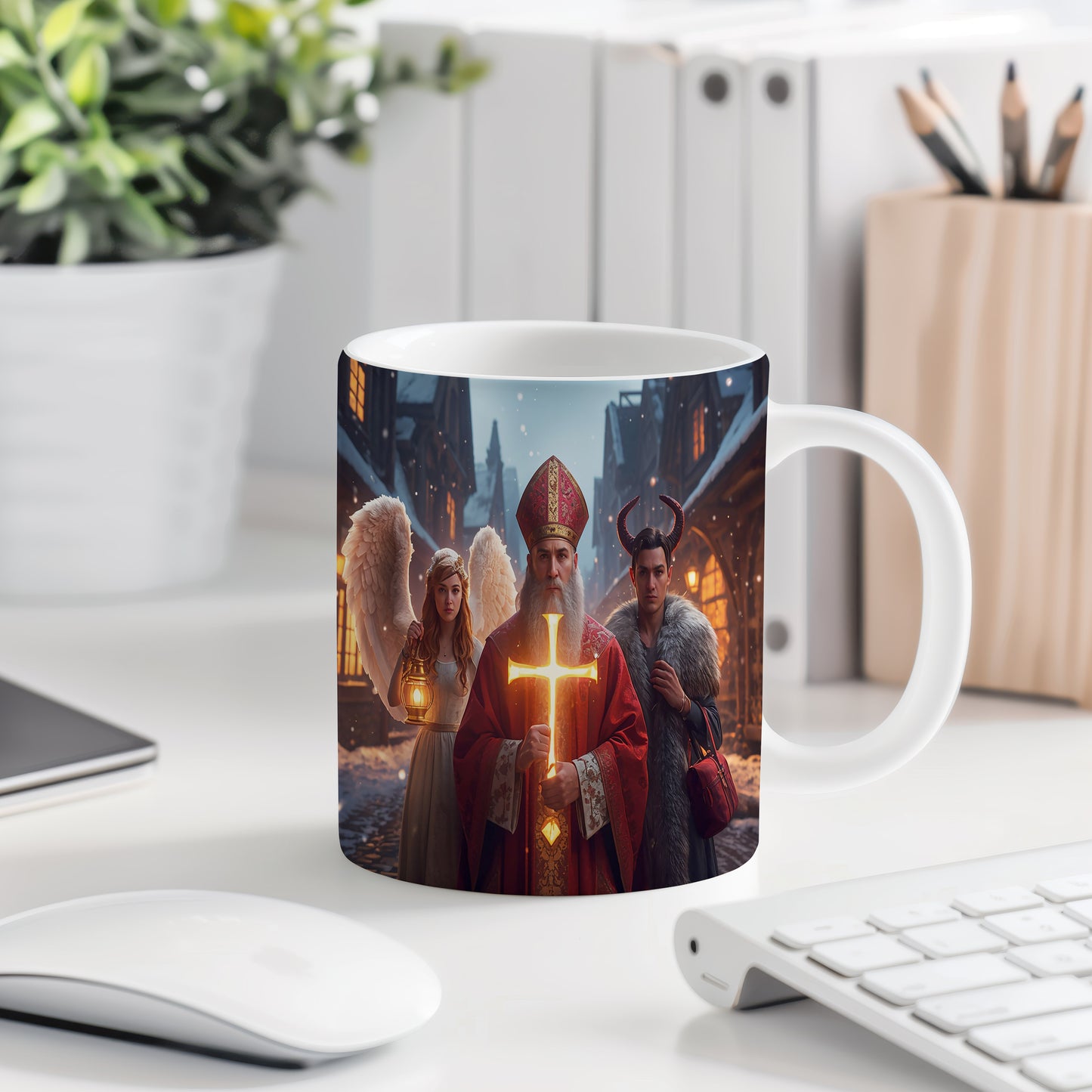 Hrnek s motivem Mikuláše, čerta a anděla – zimní pohádka