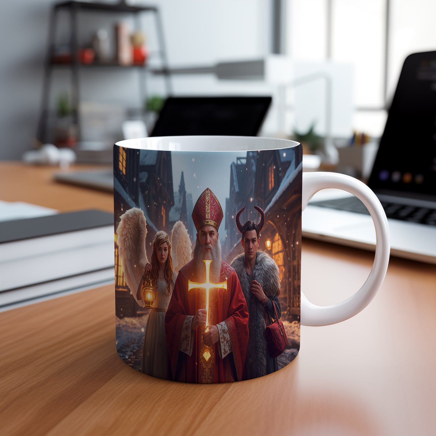 Hrnek s motivem Mikuláše, čerta a anděla – zimní pohádka