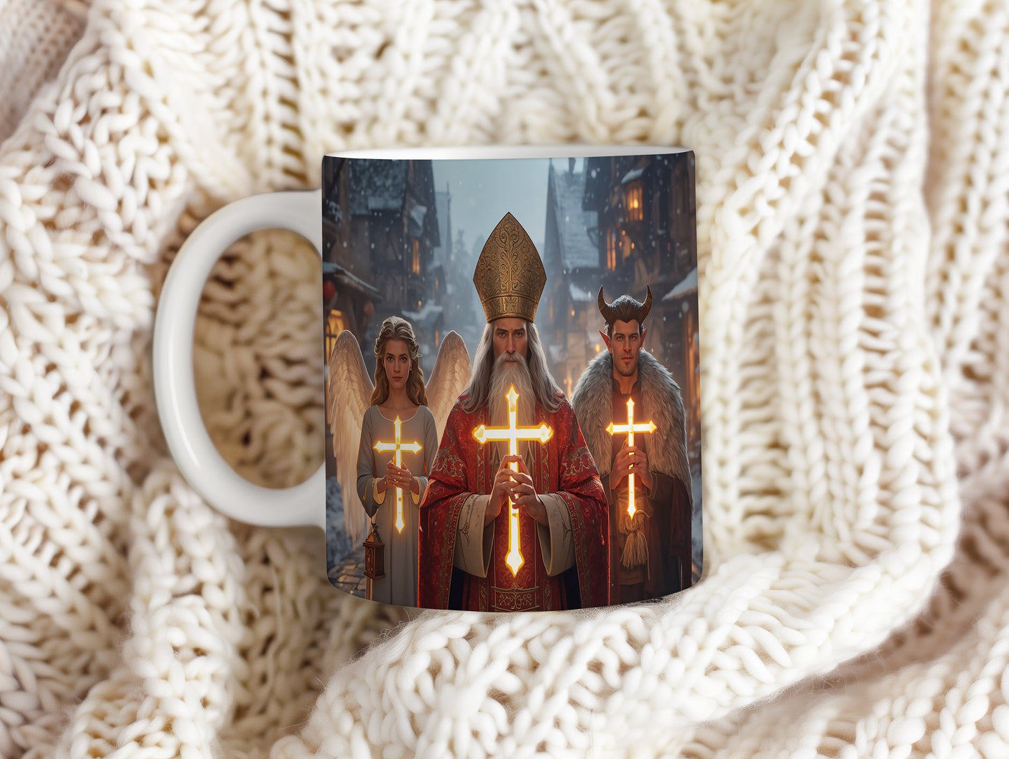 Hrnek s motivem Mikuláše, čerta a anděla – zářivá vesnička