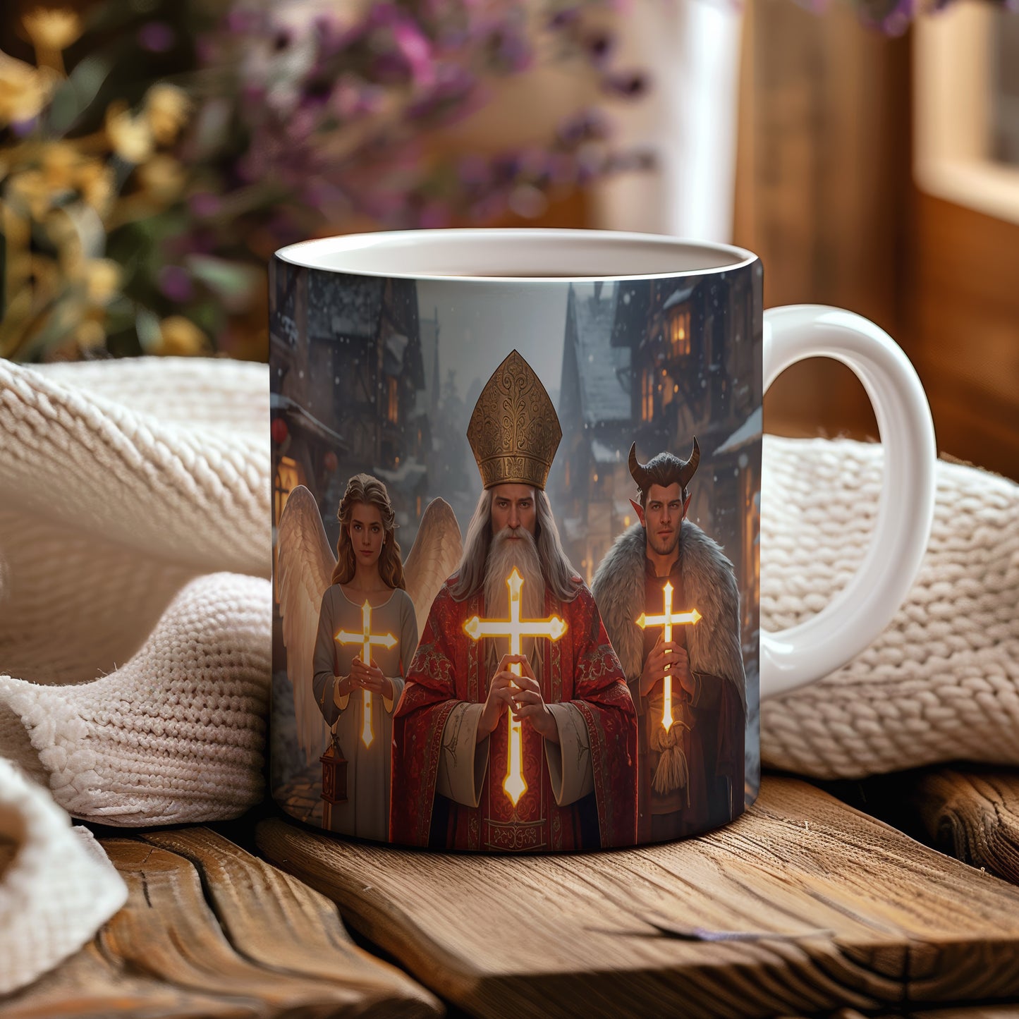 Hrnek s motivem Mikuláše, čerta a anděla – zářivá vesnička