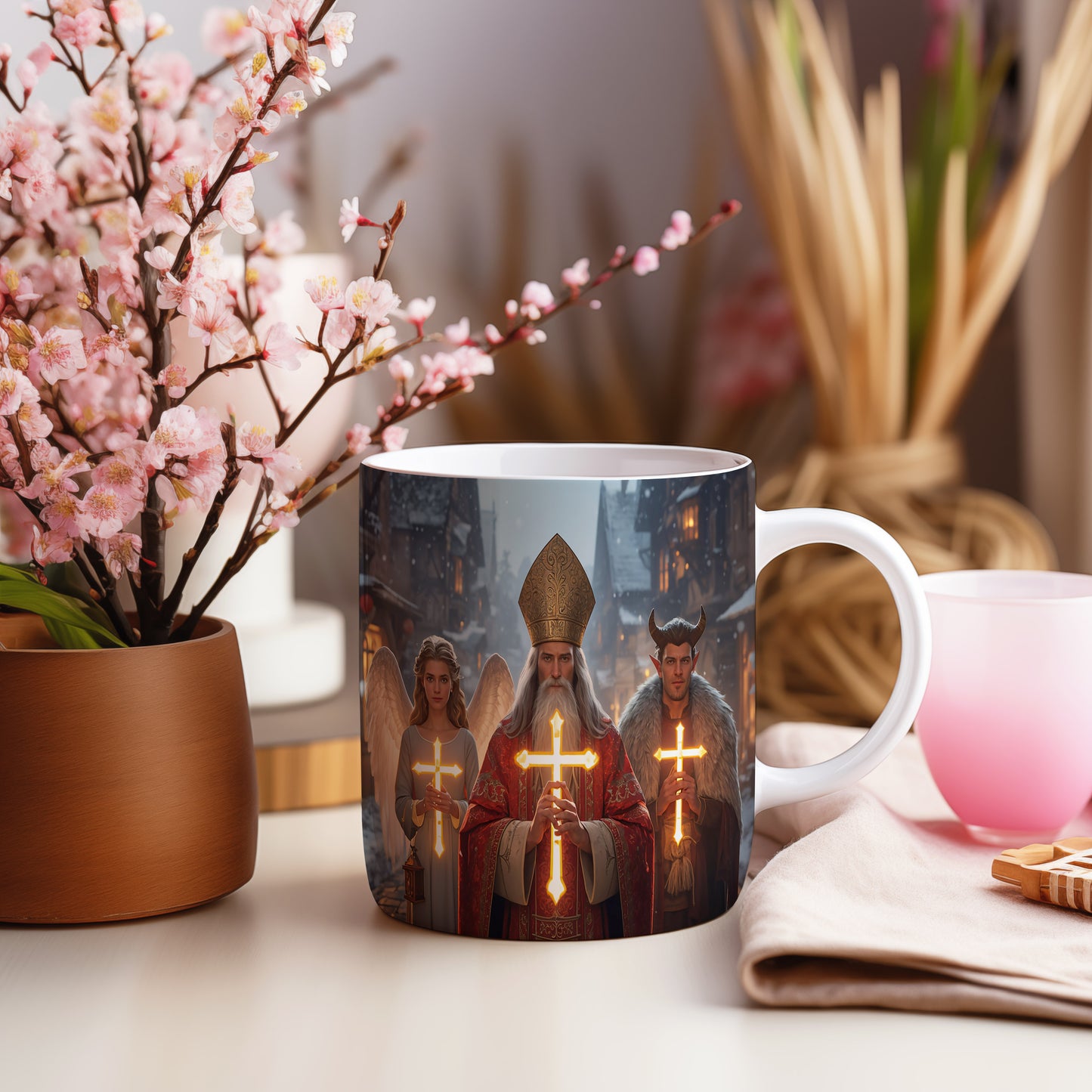 Hrnek s motivem Mikuláše, čerta a anděla – zářivá vesnička