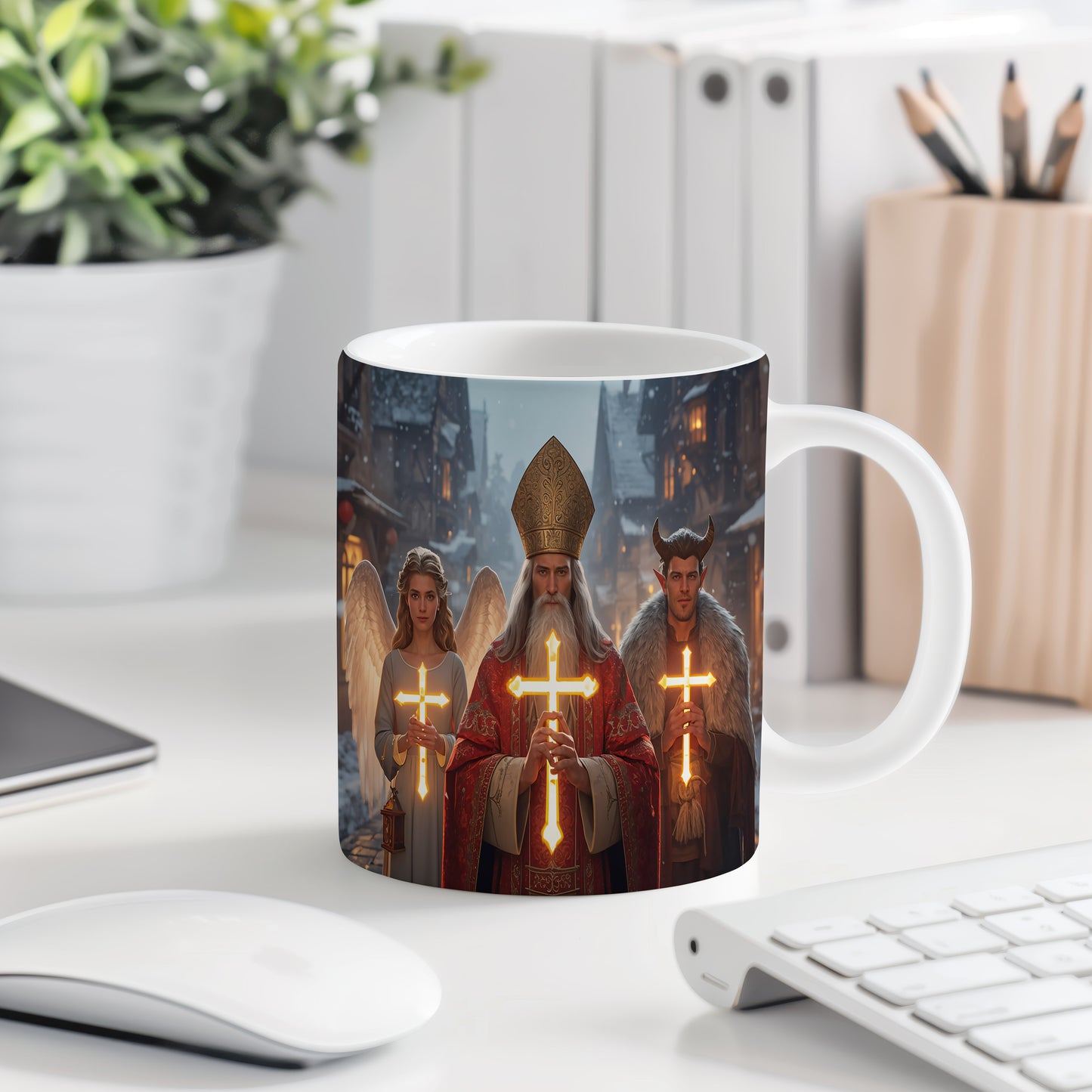 Hrnek s motivem Mikuláše, čerta a anděla – zářivá vesnička