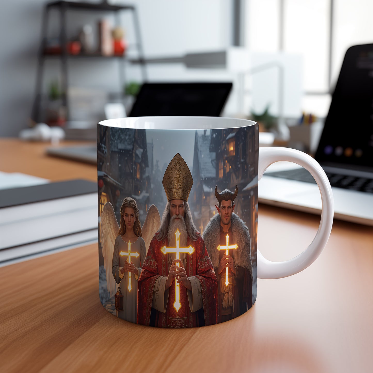 Hrnek s motivem Mikuláše, čerta a anděla – zářivá vesnička