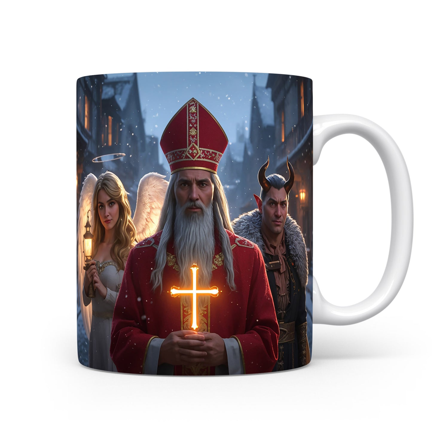 Mikuláš, čert a anděl na zasněžené ulici