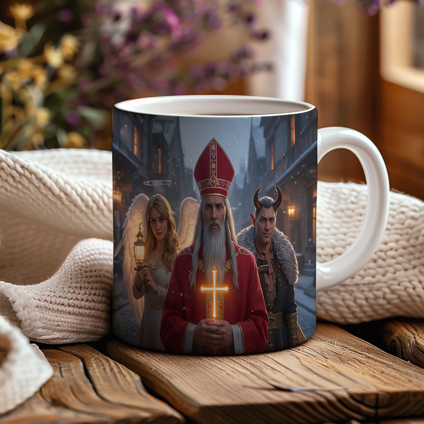 Hrnek s motivem Mikuláše, čerta a anděla – zasněžená ulice