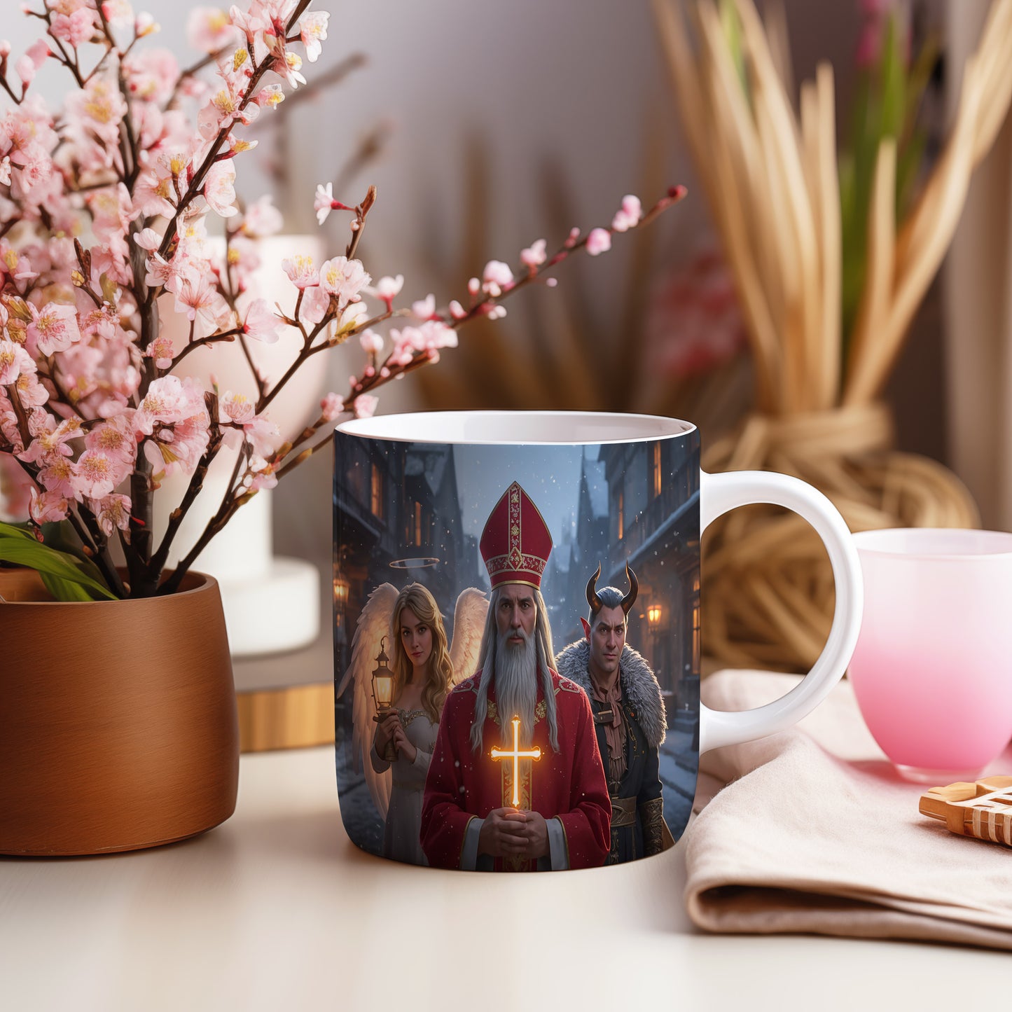 Hrnek s motivem Mikuláše, čerta a anděla – zasněžená ulice