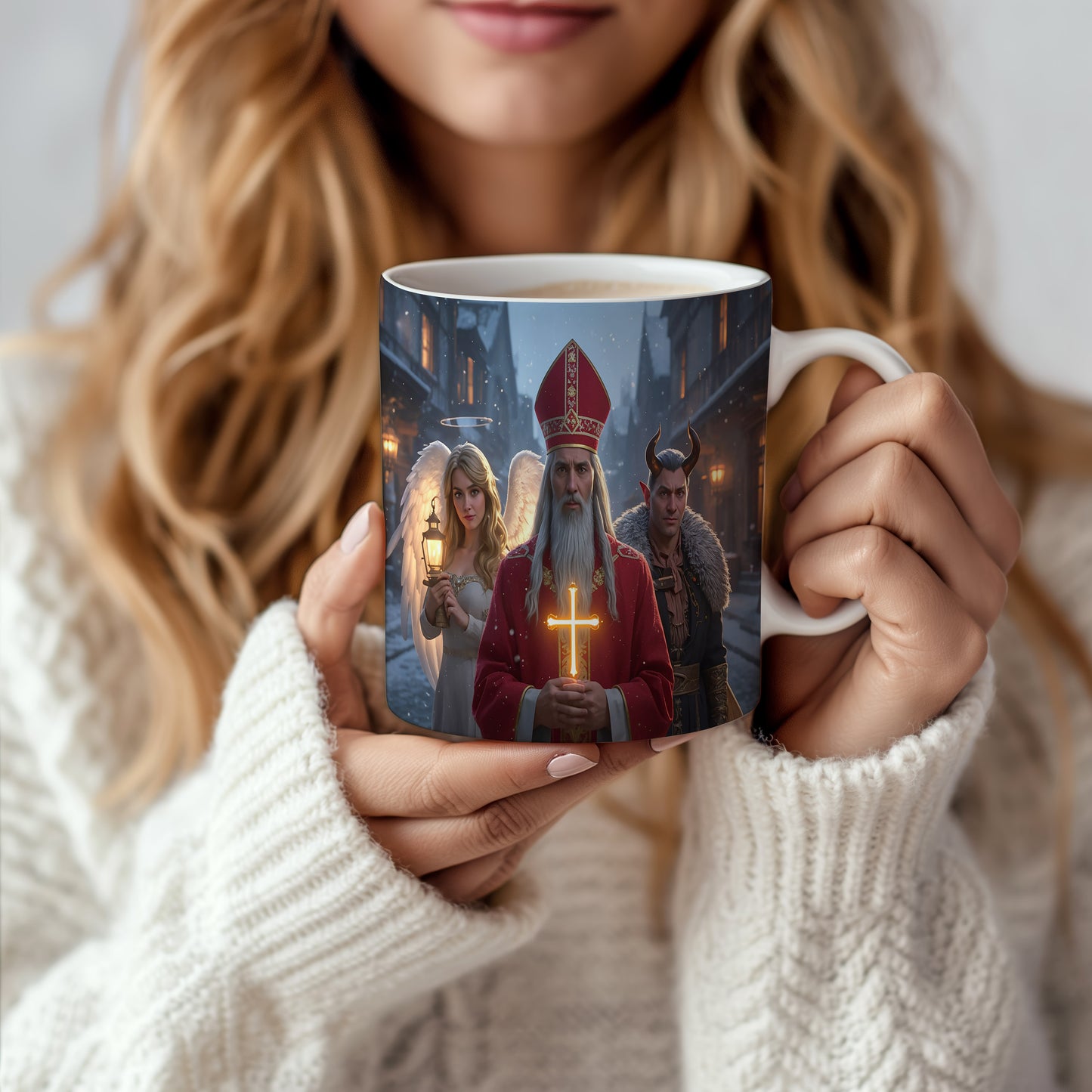 Hrnek s motivem Mikuláše, čerta a anděla – zasněžená ulice