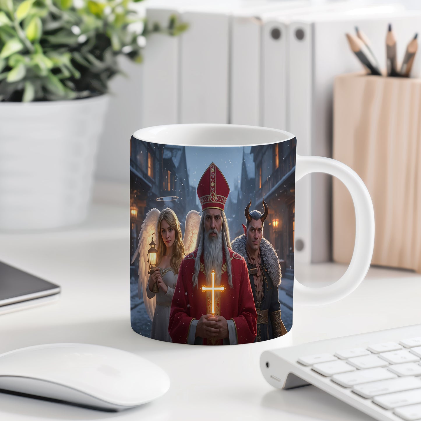 Hrnek s motivem Mikuláše, čerta a anděla – zasněžená ulice