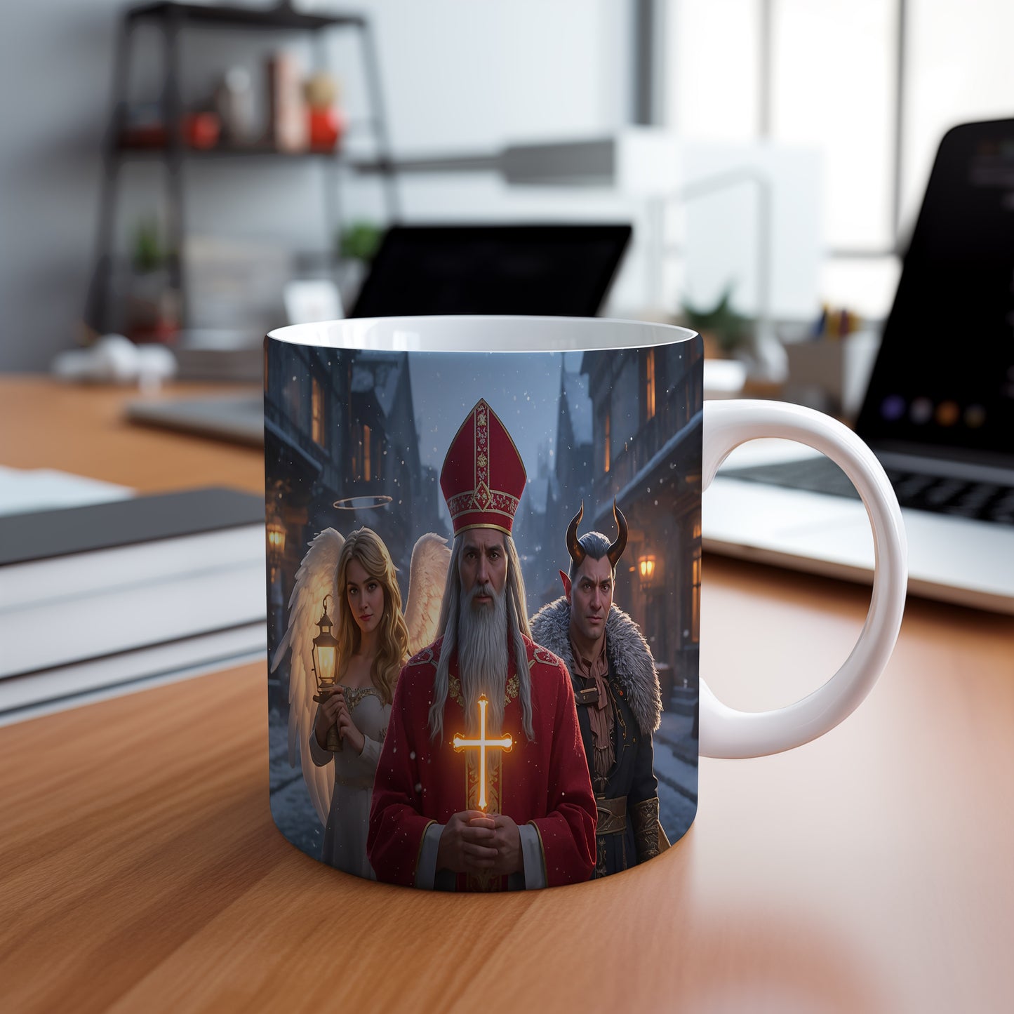 Hrnek s motivem Mikuláše, čerta a anděla – zasněžená ulice