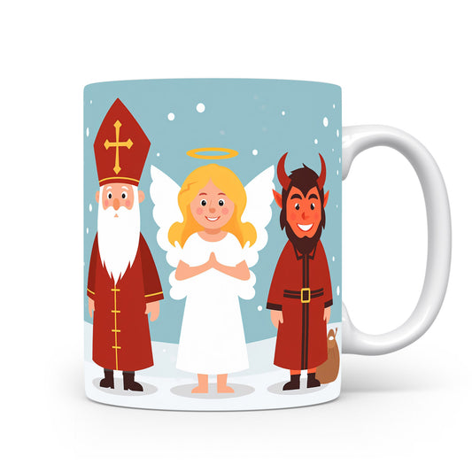 Hrnek s Mikulášem, čertem a andělem na modrém pozadí