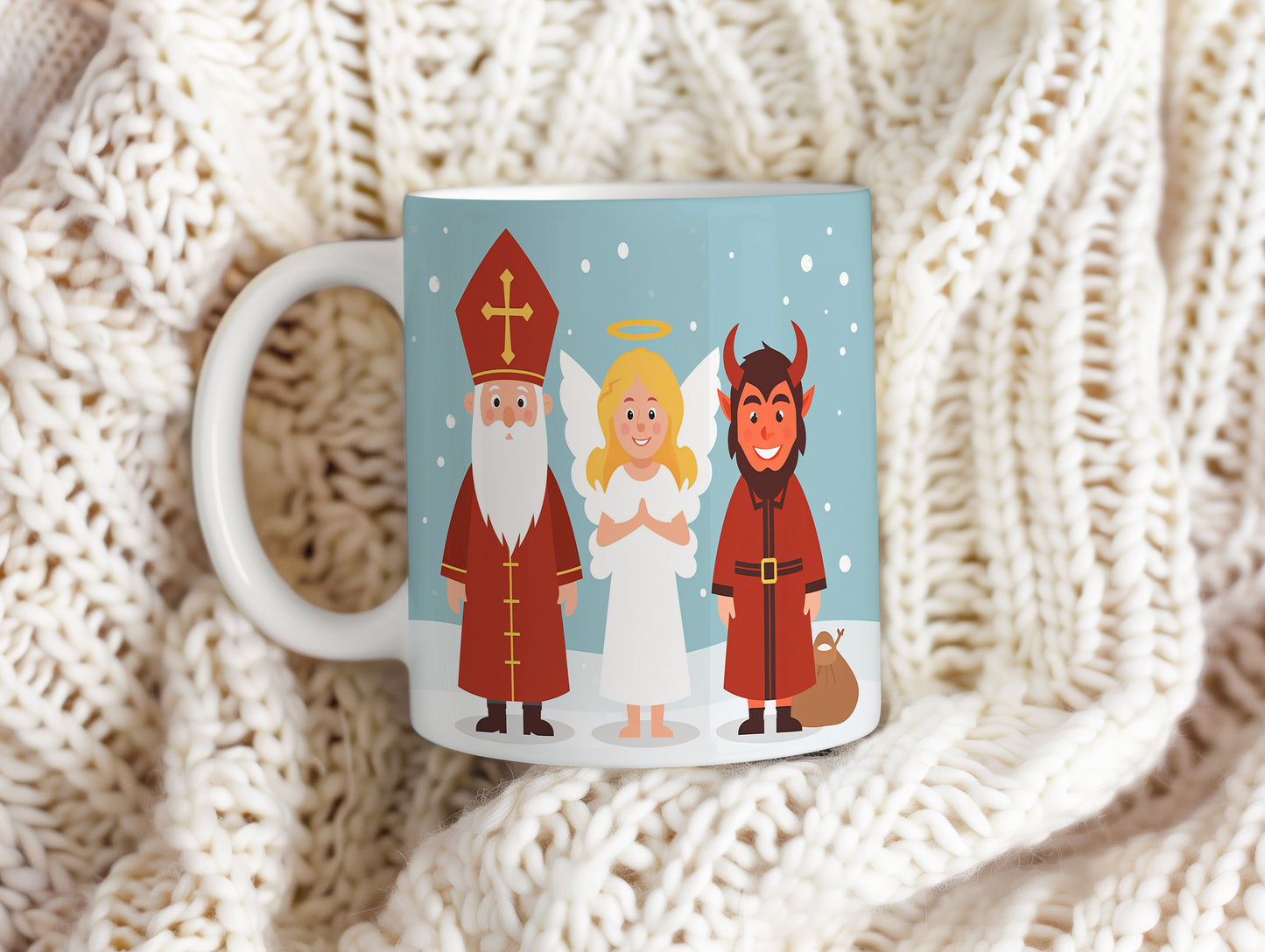 Hrnek s motivem Mikuláše, čerta a anděla – zimní radost